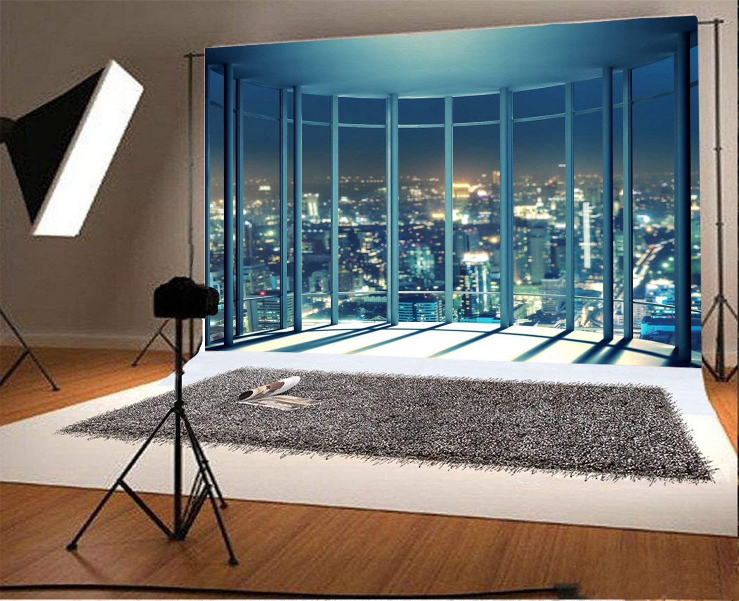 Laeacco 10x6.5ft New York City Night Skyline Backdrop - Aerial View Photography Background with French Windows & Shining Lights for Romantic Photo Shoots, Studio Props, Adult Portraits - Perfect for Wedding, Anniversary, and Couple Photography Sessions