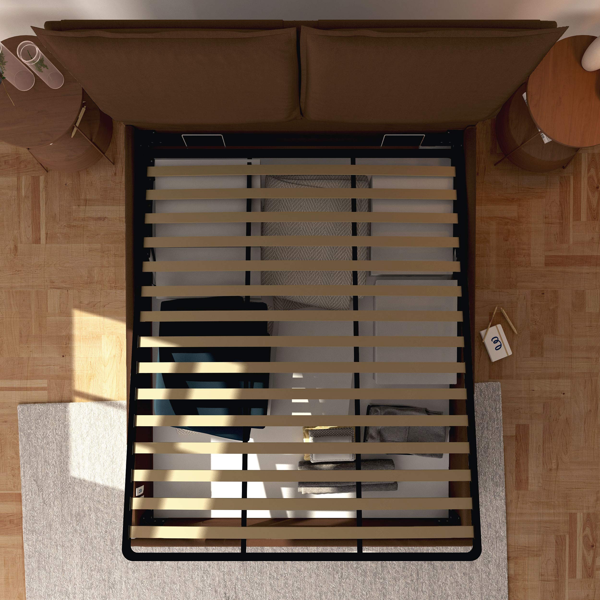 Baldiflex Licia Fabric Queen Size Bed Frame with Slatted Base, Storage Drawer & Padded Headboard - 160x200cm, Brown - Perfect for Master Bedrooms & Guest Rooms