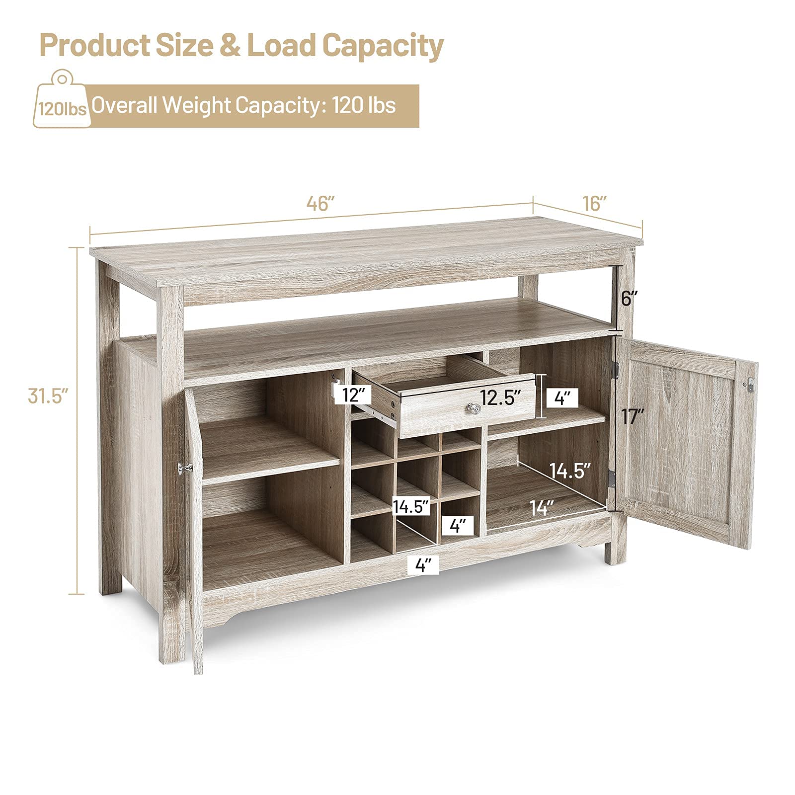 Farmhouse Buffet Sideboard with Wine Rack - Wooden Kitchen Organizer with 2 Cabinets, 1 Drawer & 9 Wine Slots - Rustic Dining Room Storage Cupboard & Server Table for Home, Restaurant & Bar Use