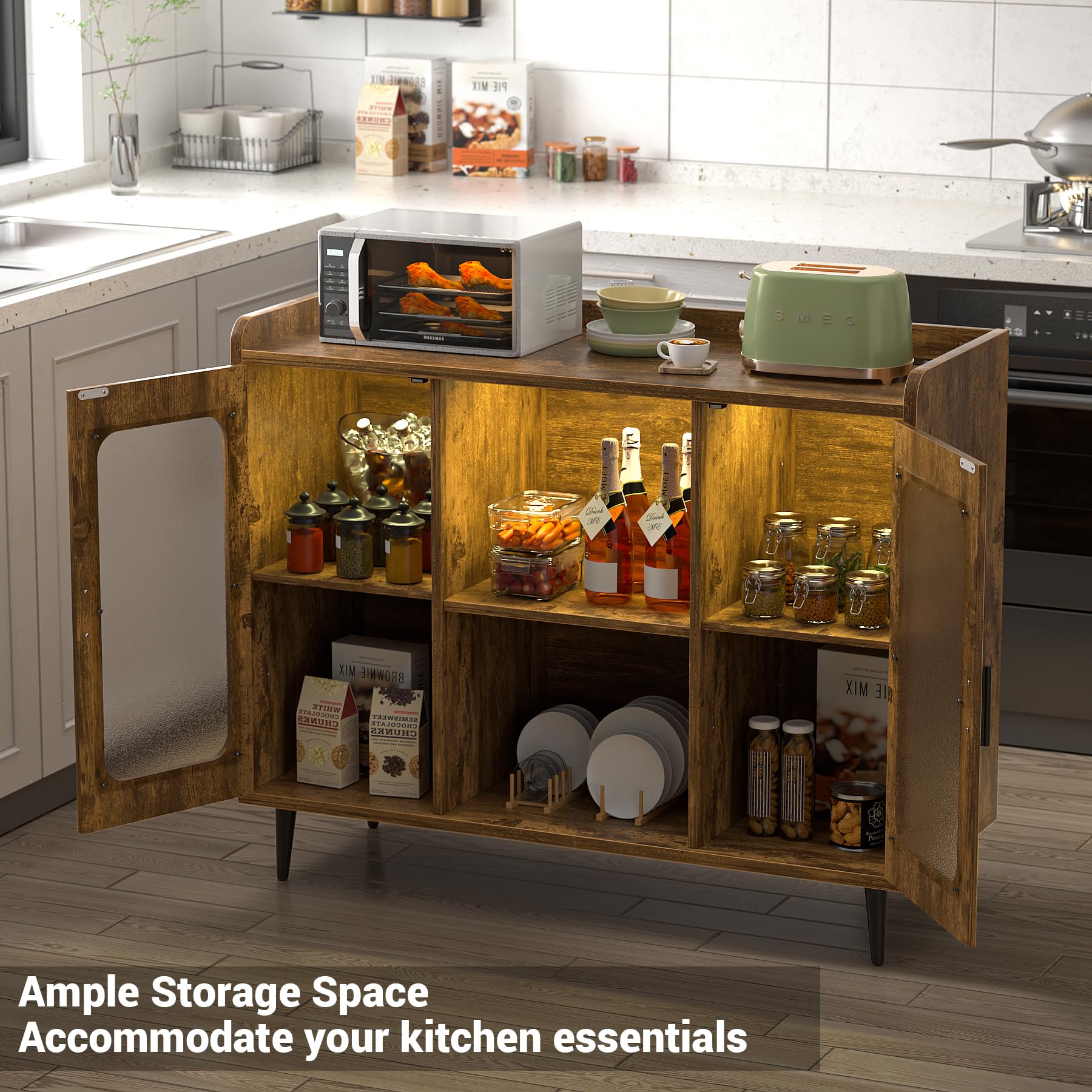 Rustic Brown Wine Bar Cabinet with Power Outlet & LED Lighting - Home Bar Cabinet with Glass Holder & Storage Shelf, Coffee Bar Sideboard for Kitchen, Dining Room - Perfect for Entertaining, Home Decor & Small Space Storage