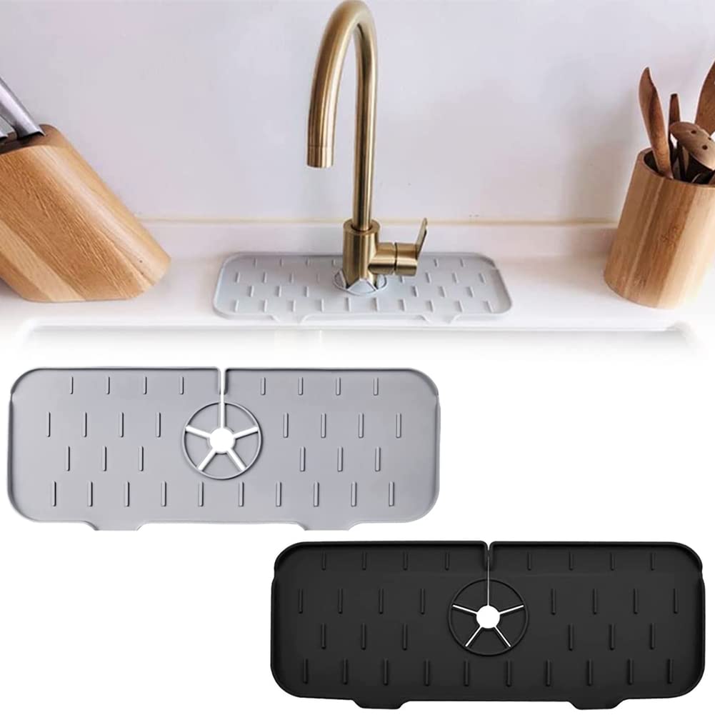 **Silicone Splash Guard for Kitchen & Bathroom Sink - Universal Faucet Protector, Water Catcher to Keep Countertops Dry (1 Grey + 1 Black) - Perfect for Preventing Water Spills & Mess**