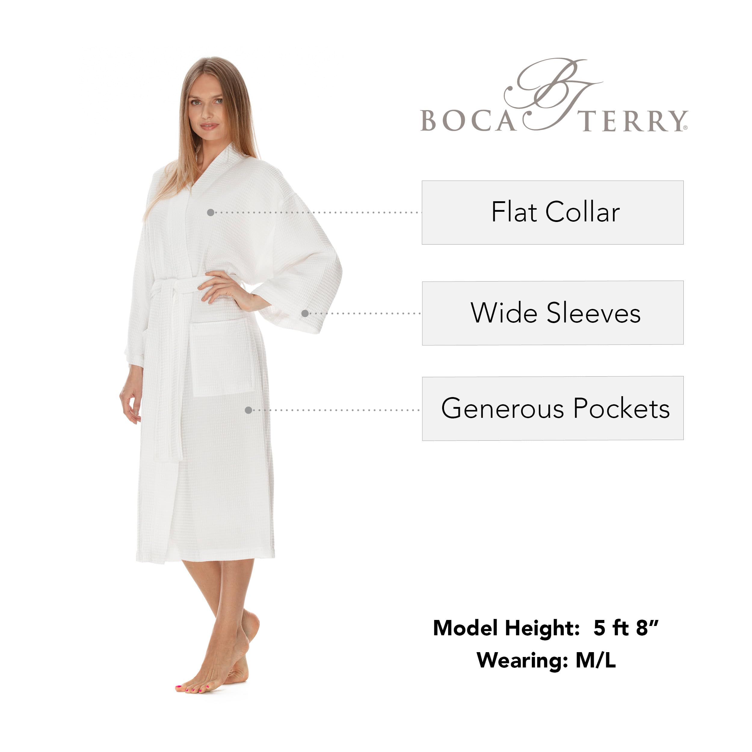 BOCA TERRY Women's Waffle Knit Robe - Soft Long Cotton Kimono Bathrobe for Spa, Hotel & Home Relaxation | Cozy Loungewear for Morning Coffee & Self-Care Moments