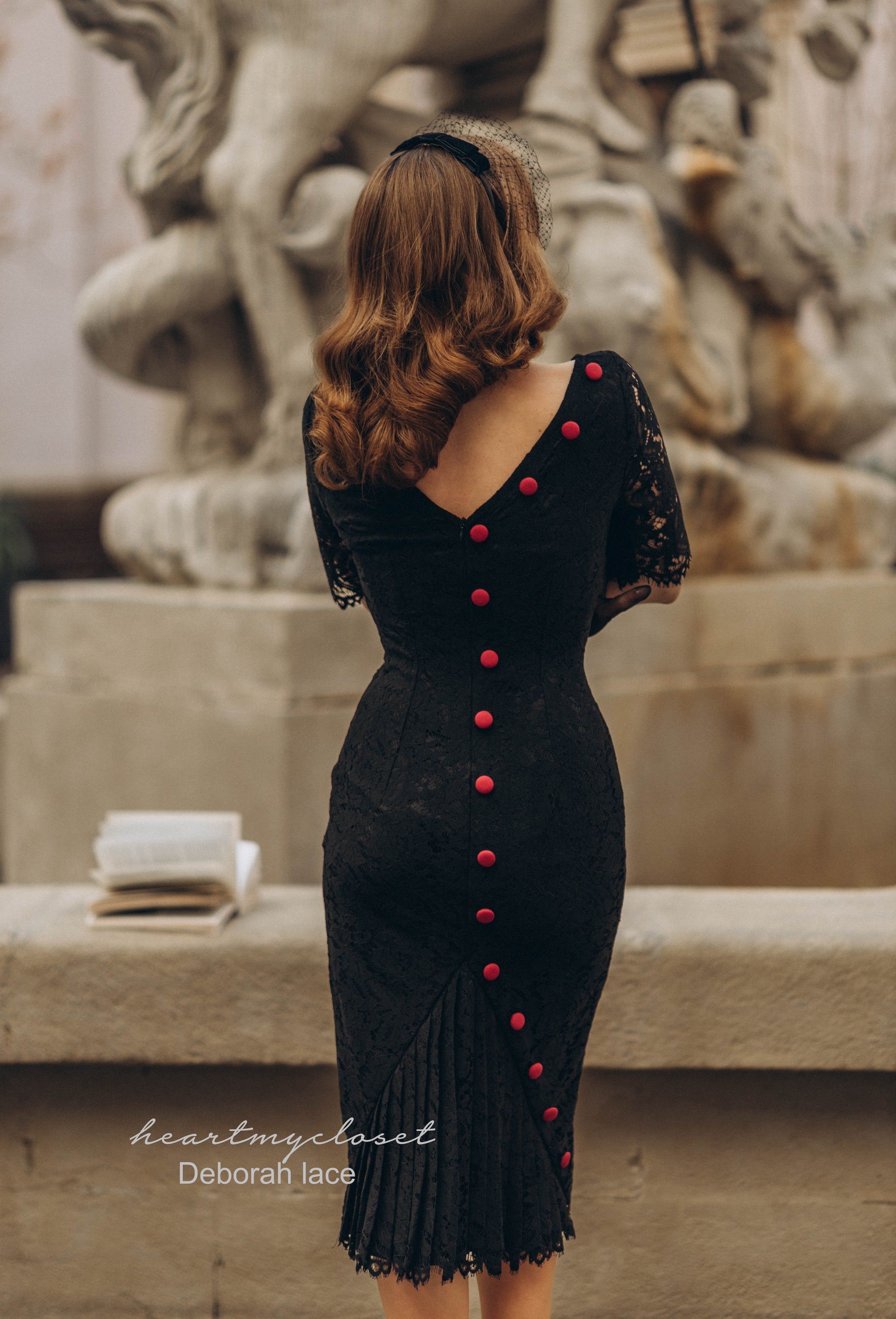 Vintage 1950s Inspired Lace Deborah Pleated Back Pencil Dress - Retro Cocktail Party & Formal Evening Wear