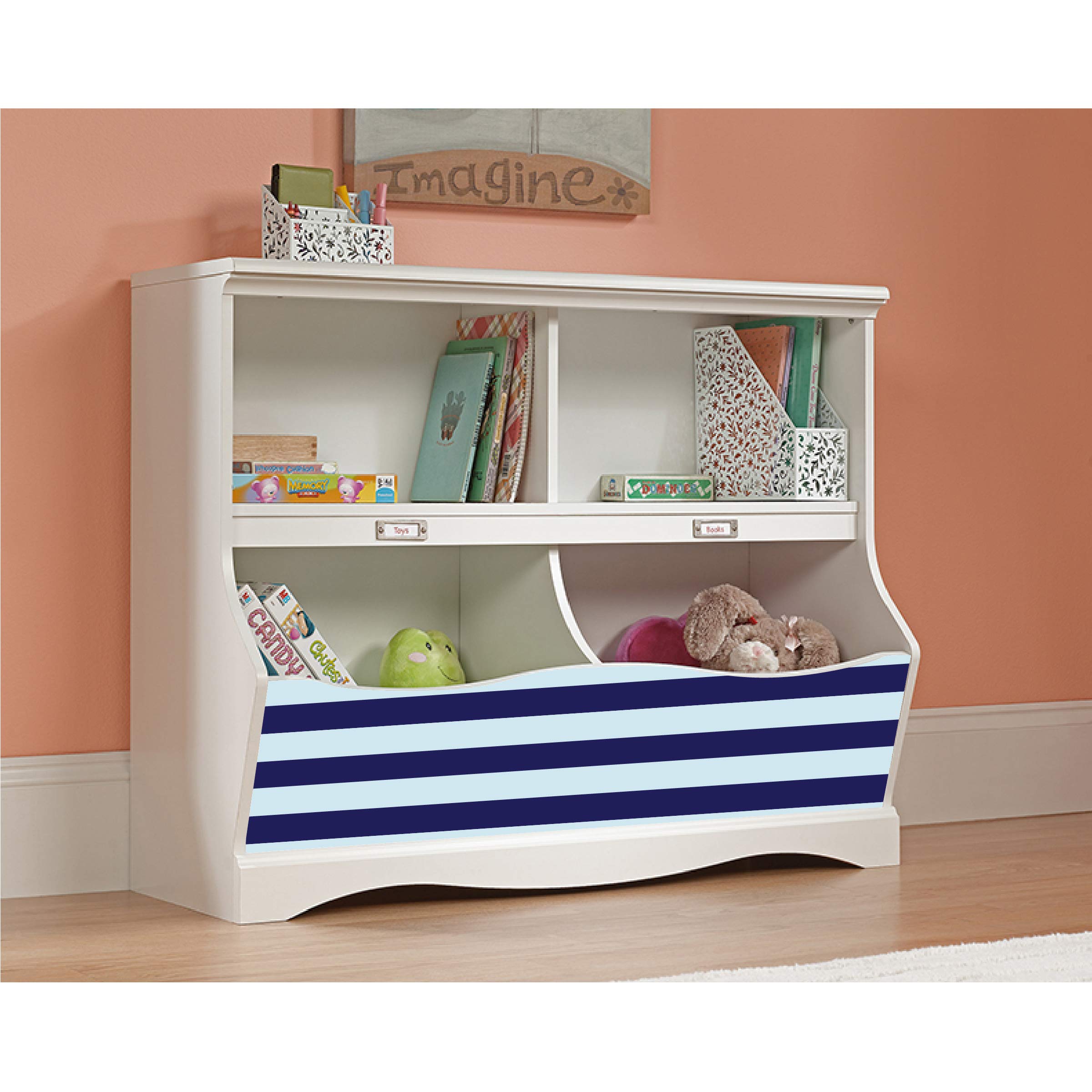 LifeSong Milestones Bookcase Footboard with Cubbyhole - Kids Book Storage Organizer & Toy Shelf for Nursery, Playroom, Bedroom - Soft White Finish with Navy-Light Blue Stripes - Perfect for Organizing Books, Toys, and Decor in Children's Rooms