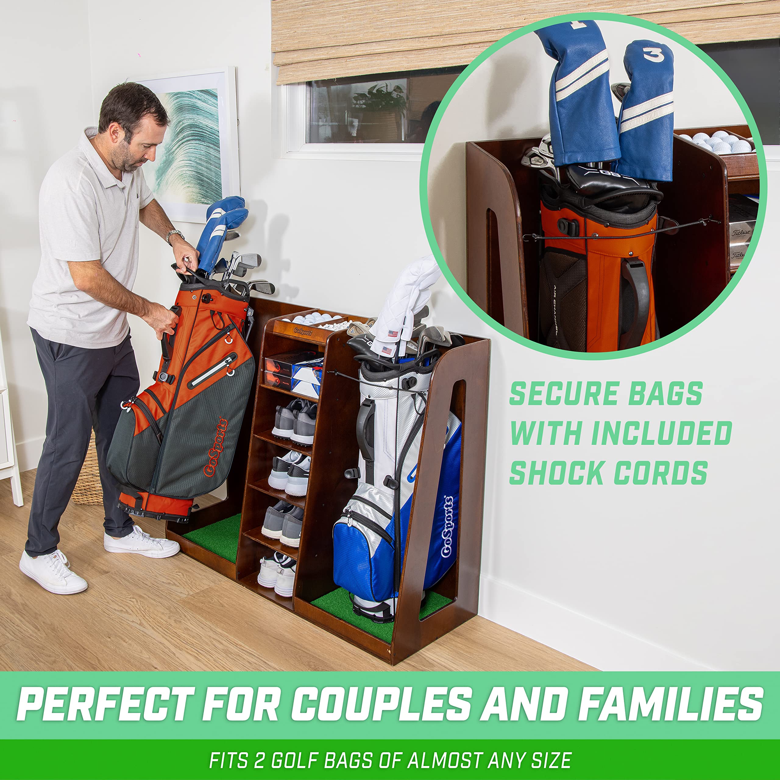 GoSports Premium Wooden Golf Bag Organizer & Storage Rack - Holds 2 Golf Bags - Black/White/Brown Finish - Perfect for Garage, Basement & Clubhouse Organization