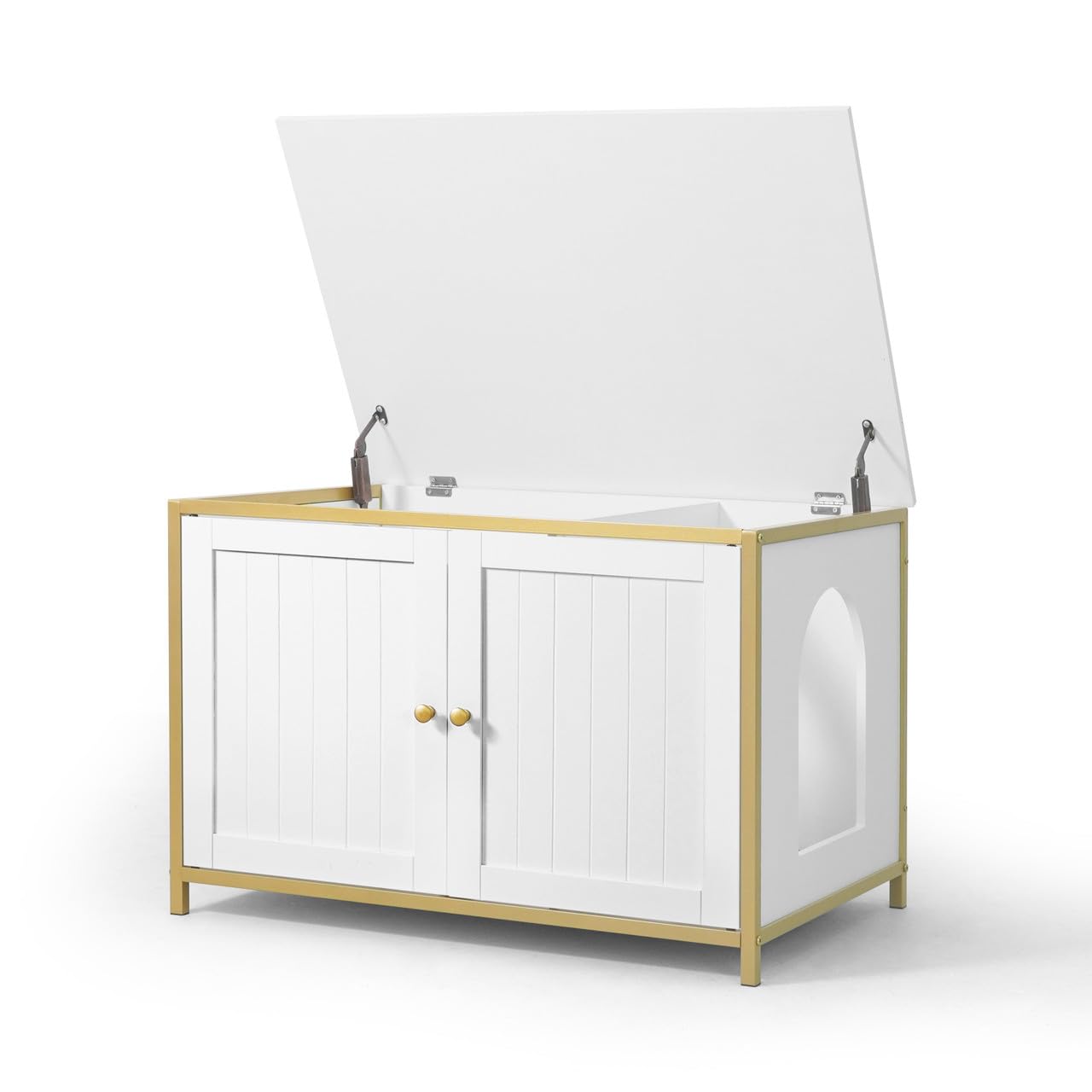 CAPHAUS White Wooden Cat Litter Box Furniture with Divider - Hidden Flip-Top Enclosed Washroom for Large Cats - Indoor Cat House with Double Doors & Metal Frame - Perfect for Small Spaces & Home Decor
