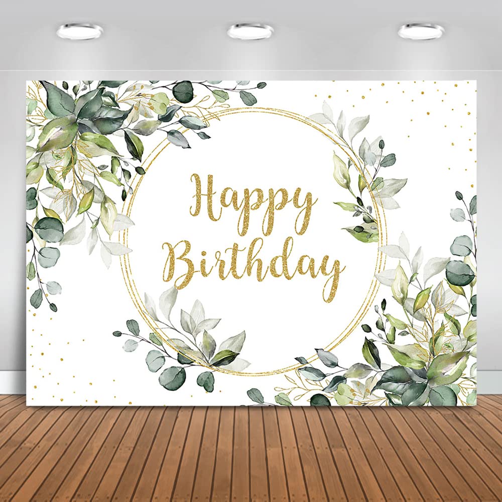 Premium Greenery Gold Birthday Backdrop - 8x6ft Eucalyptus Happy Birthday Party Background for Cake Table, Photo Booth, Decor - Elegant Green Leaves Banner for Wedding, Baby Shower, Anniversary Celebrations