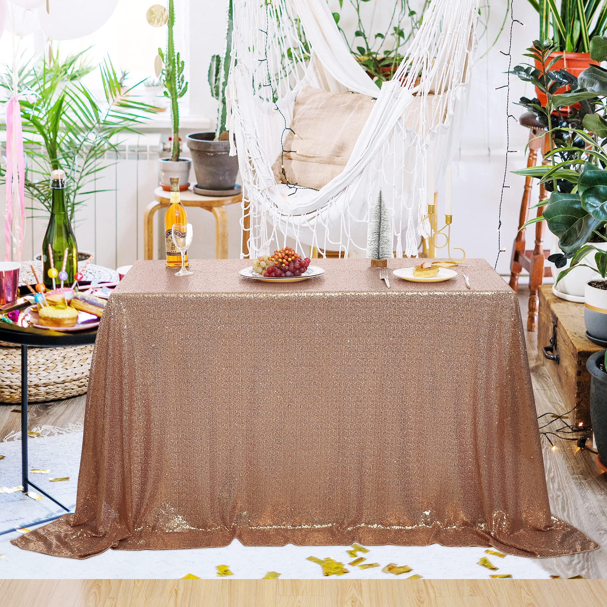 Rose Gold Sequin Tablecloth 48x72 - Glitter Sparkly Iridescent Rectangle Table Cover for Wedding, Birthday Party & Special Events - Elegant Table Decor with Shimmer Effect for Dining Tables, Banquets & Celebrations