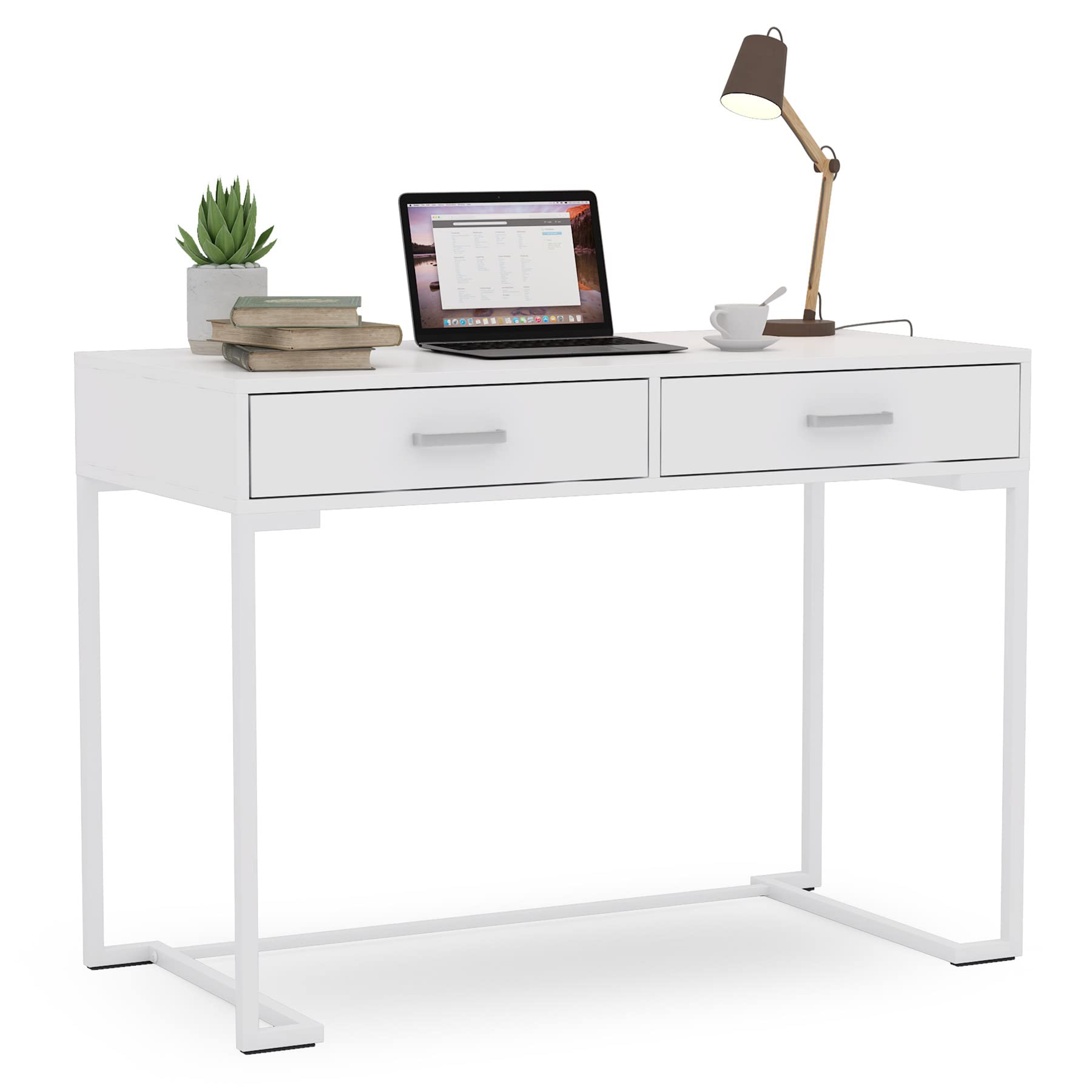 Tribesigns 40 Inch White Computer Desk with 2 Drawers - Modern Simple Study Desk & Makeup Vanity Table for Small Spaces - Perfect for Home Office, Bedroom, Dorm Room & Workspace Organization