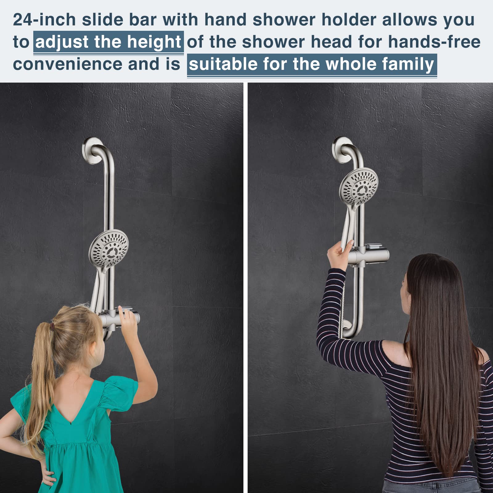 Stainless Steel Grab Bar with Slide Rail - Brushed Nickel Shower Safety Handle with Handheld Shower Head & 5ft Hose - Ideal for Elderly Bathroom Safety & Accessible Shower Installations