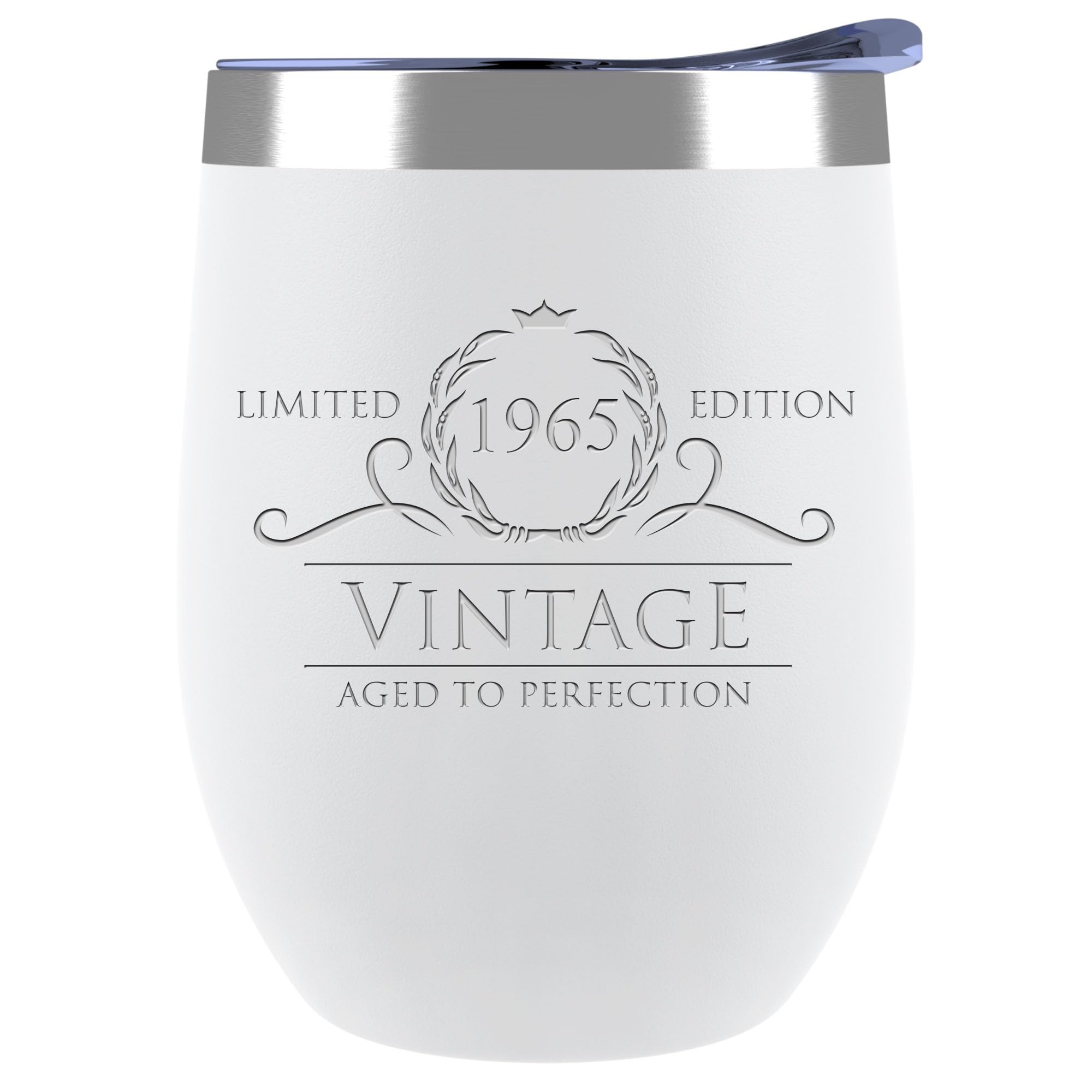 Vintage 1965 Stemless Wine Tumblers - 12oz White 60th Birthday Gifts for Women, Wife, Mom, Sister & Friends | Turning 60 Fabulous Wine Glass for Celebrations, Parties & Special Occasions