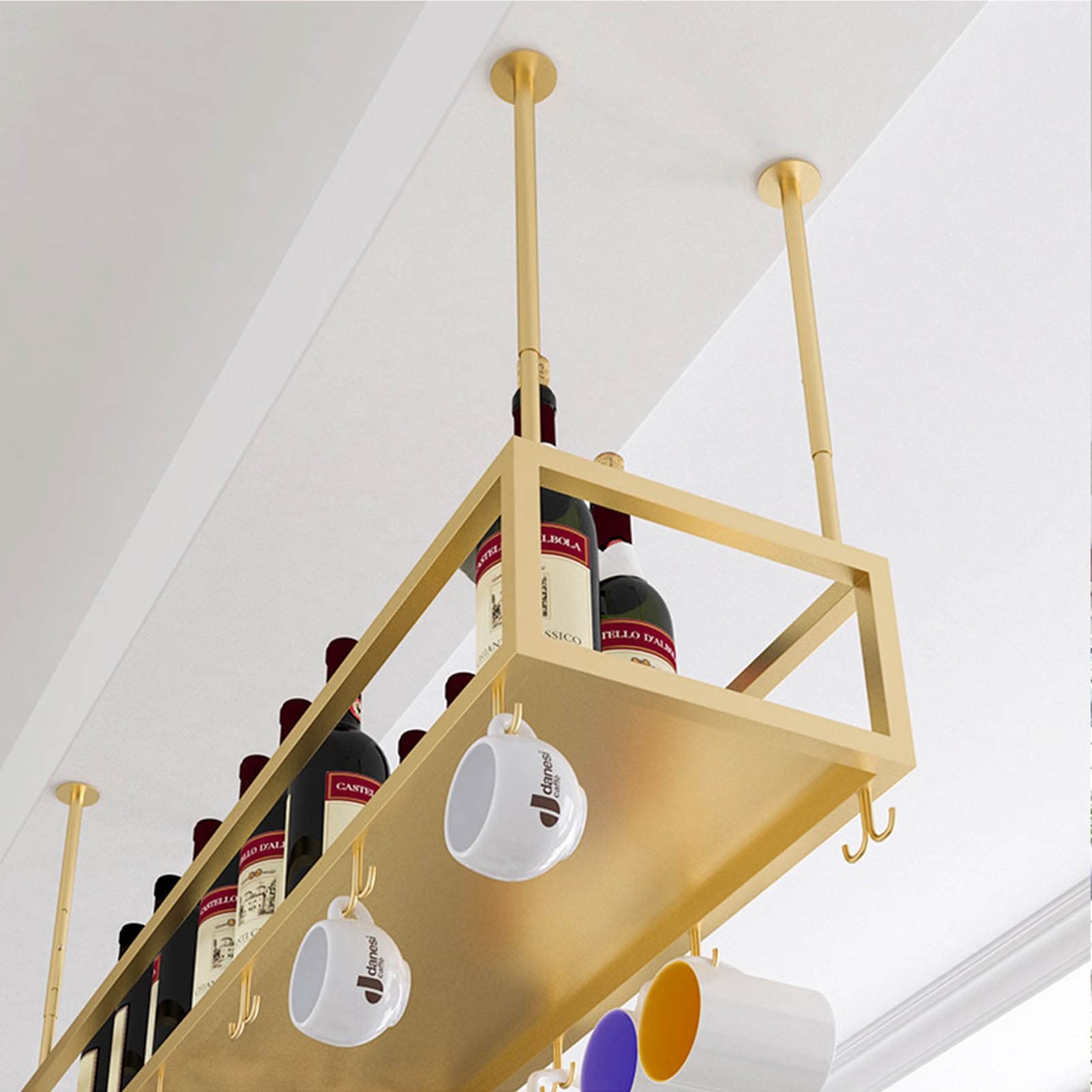 Gold Adjustable Ceiling Hanging Wine Rack - 60x25x21cm Upside Down Glass & Bottle Storage Holder for Stemware, Goblets & Champagne - Perfect for Kitchen, Bar, Restaurant & Wine Cellar Organization