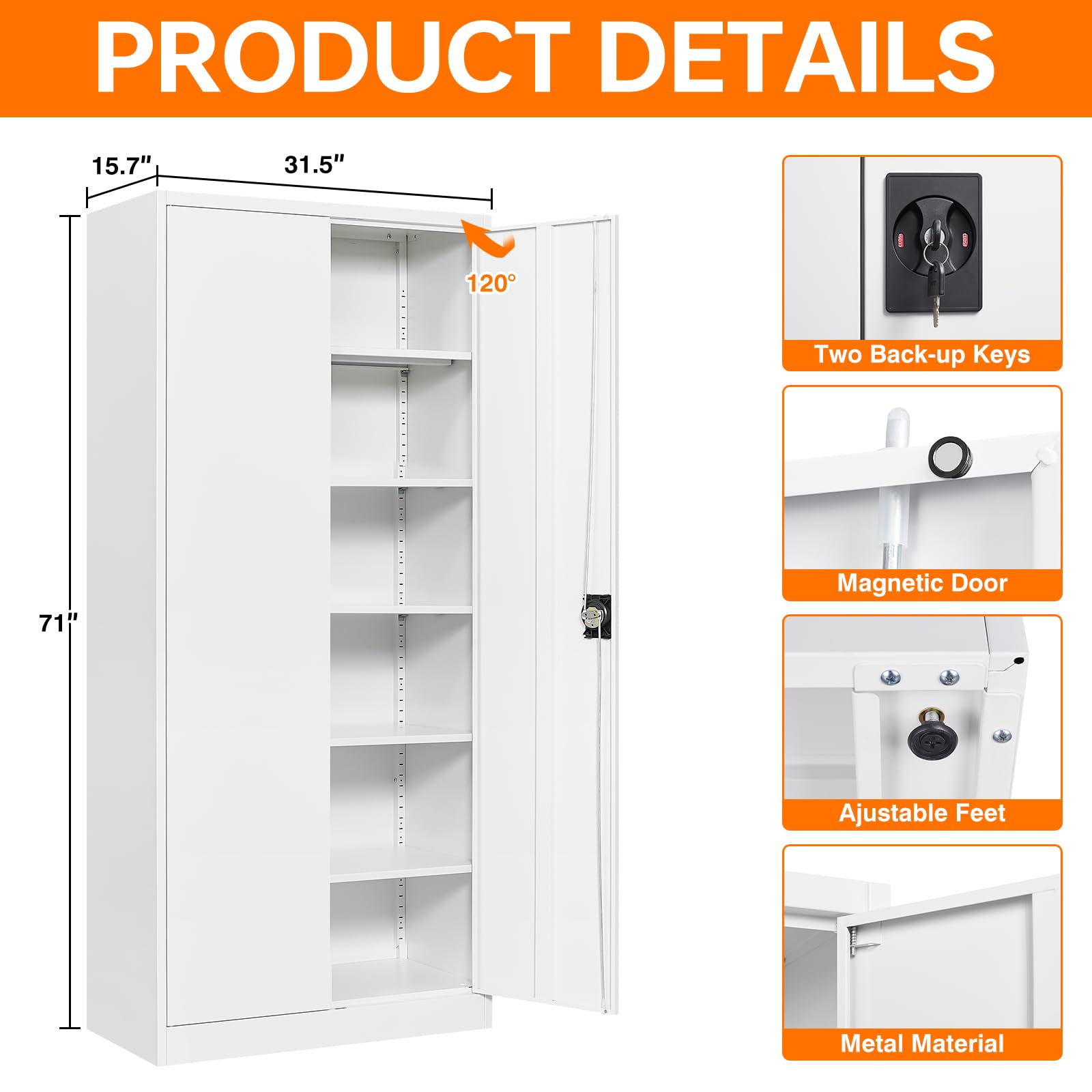 Metal Garage Storage Cabinet with Lock, Adjustable Shelves & Doors - Heavy Duty Tool Organizer for Home, Office, Gym, Warehouse (White) | Perfect for Workshop Organization & Equipment Storage