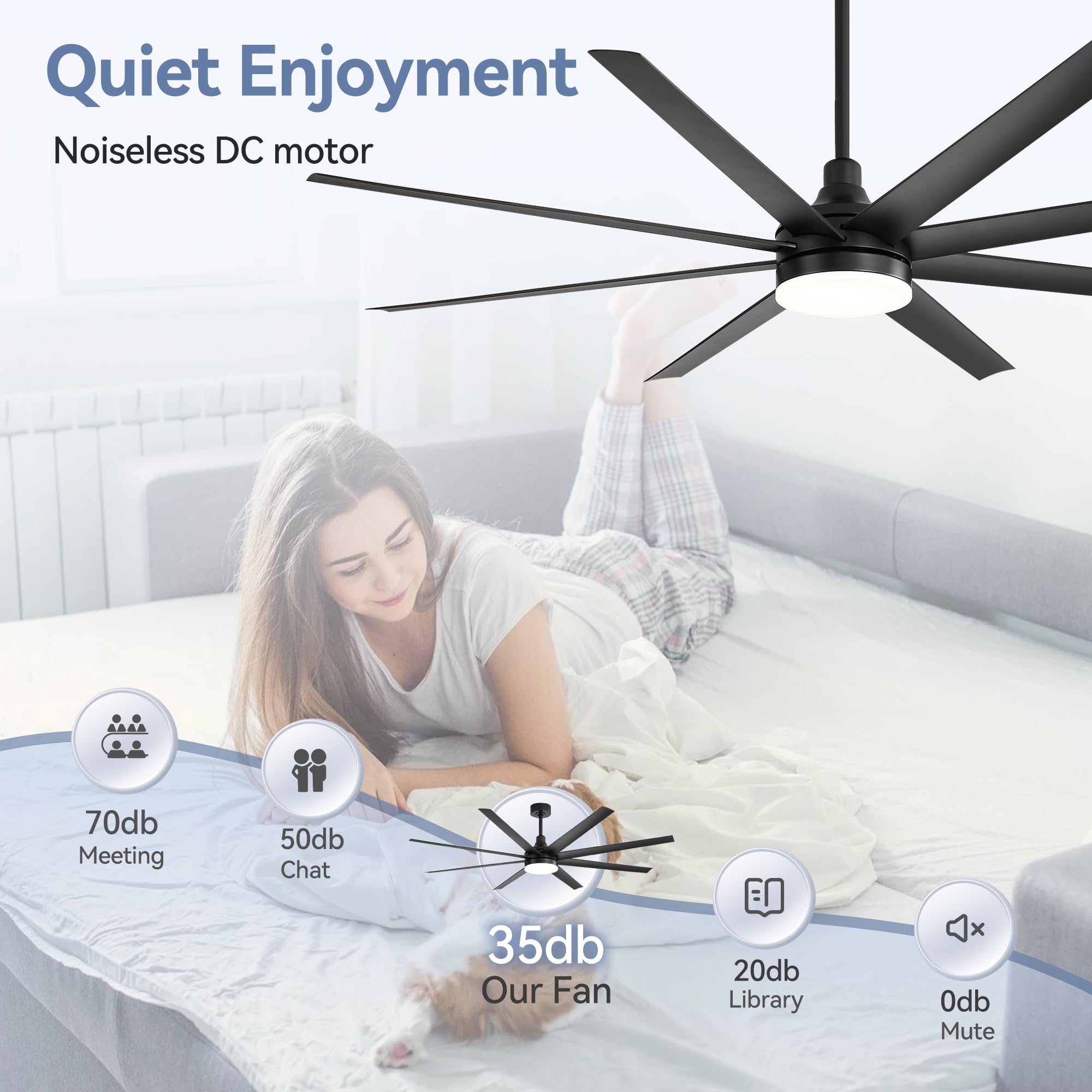 72 Inch Industrial Ceiling Fan with LED Light & Remote Control - 8 Reversible Blades, Quiet DC Motor, 6-Speed Settings, Timer Function - Modern Chandelier Style for Bedroom, Living Room & Office (Black)