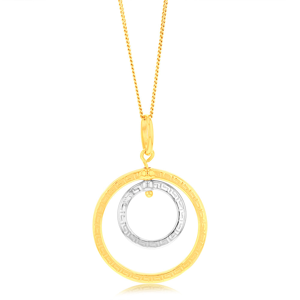 9ct Yellow & White Gold Silver-Filled Greek Key Round Pendant Necklace - Elegant Jewelry for Women, Perfect for Parties, Weddings & Everyday Wear