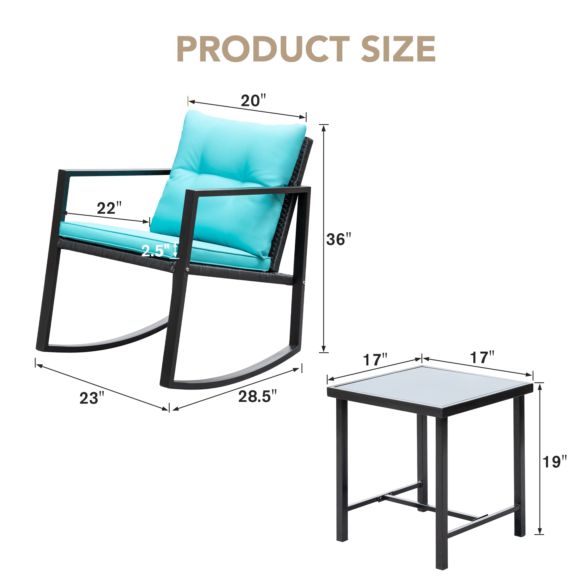 Devoko 3-Piece Wicker Patio Furniture Set - Outdoor Rocking Bistro Chairs with Glass Coffee Table for Porch, Garden & Backyard (Blue) | Perfect for Relaxing, Entertaining & Outdoor Dining