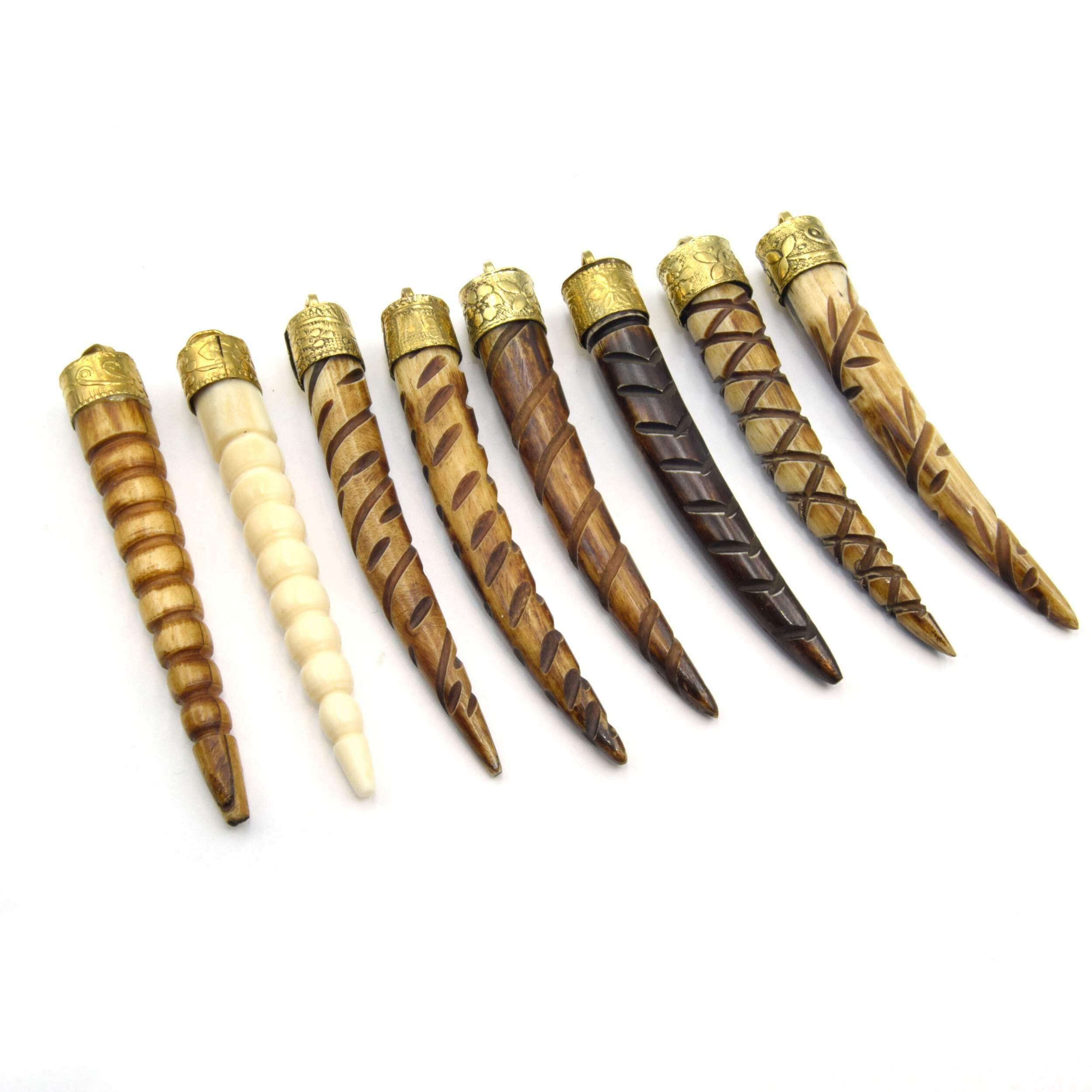 Handmade Carved Ox Bone Tusk Pendant Necklace - Skinny Claw Design with Floral Cap & Crosshatch Carving - Brown Focal Jewelry for Boho & Tribal Fashion | Perfect for Layering Necklaces, Festival Outfits and Unique Gift Ideas