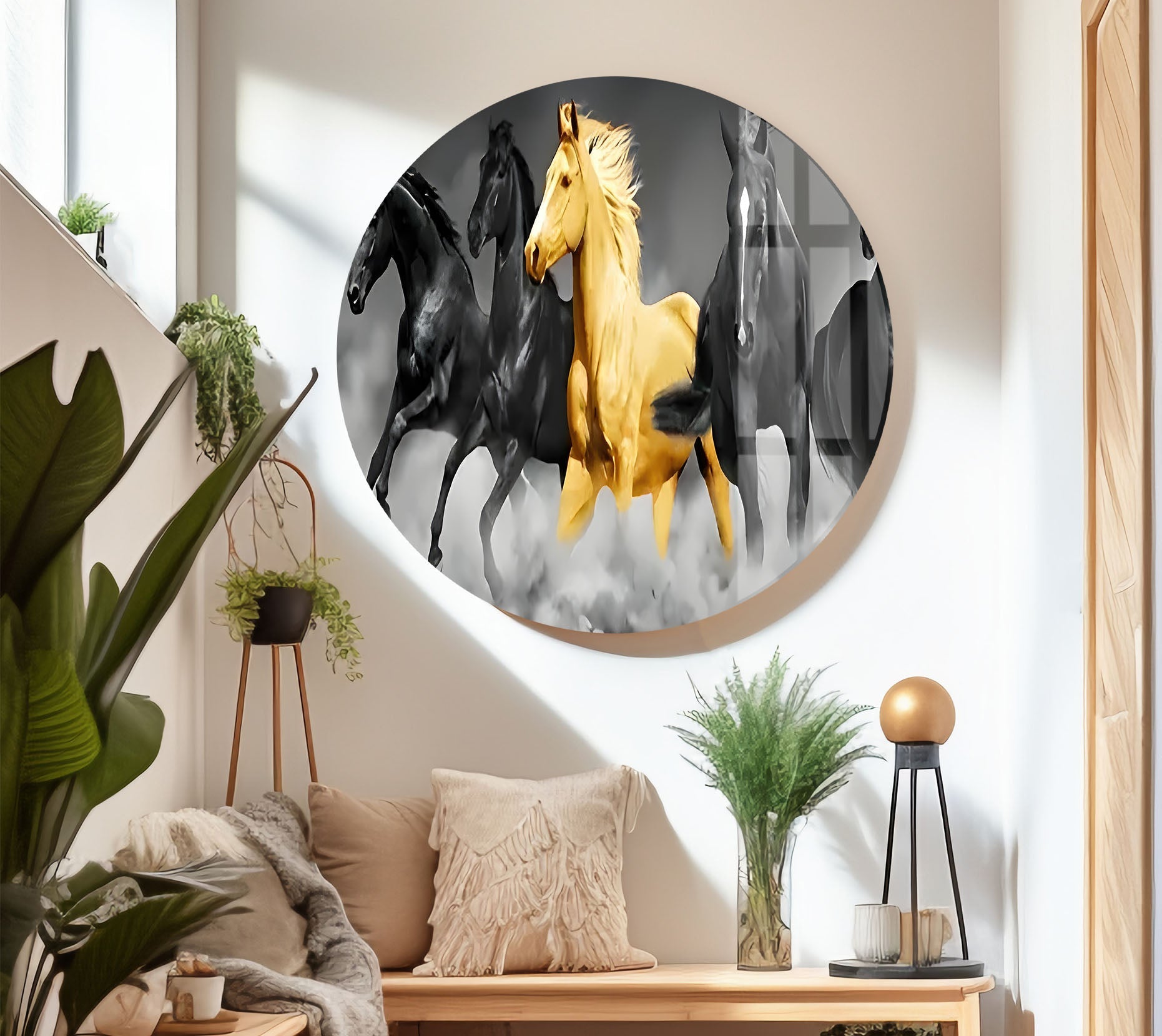 Elegant Black & Golden Horse Glass Wall Art - Handmade Modern Home Decor for Living Room, Bedroom & Office - Perfect Gift Idea for Housewarming & Holidays
