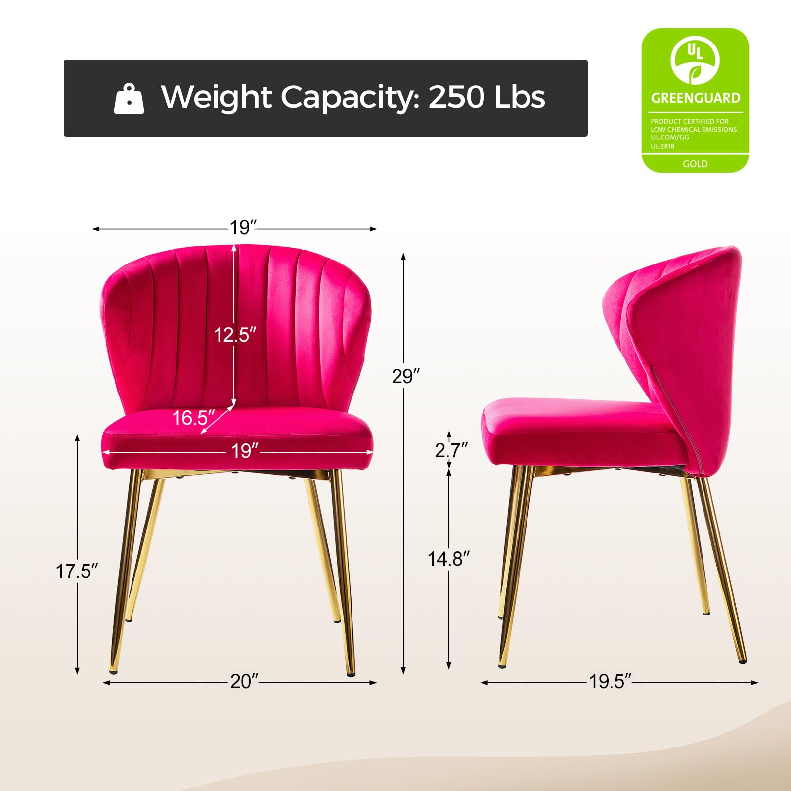 Velvet Dining Chairs with Gold Metal Legs - Modern Armless Accent Chair for Living Room, Bedroom & Beauty Salon | Elegant Tufted Back Upholstered Side Chair in Fuchsia | Perfect for Small Spaces, Vanity Dressing & Home Decor
