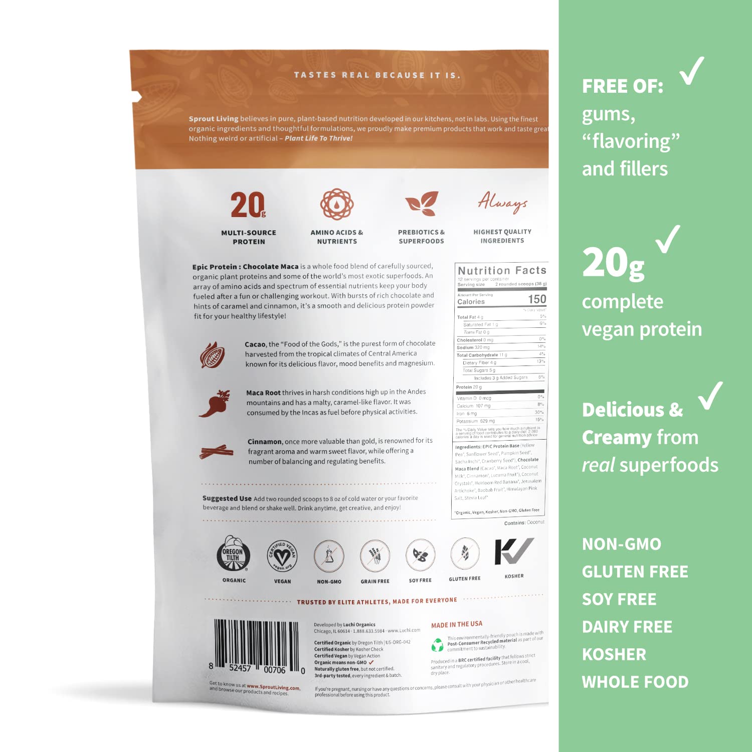 Sprout Living Epic Protein Bundle - Chocolate Maca & Vanilla Lucuma (20g Organic Plant-Based Vegan Protein Powder, Gluten Free, Superfoods) | 1lb, 12 Servings for Smoothies, Baking & Post-Workout Recovery