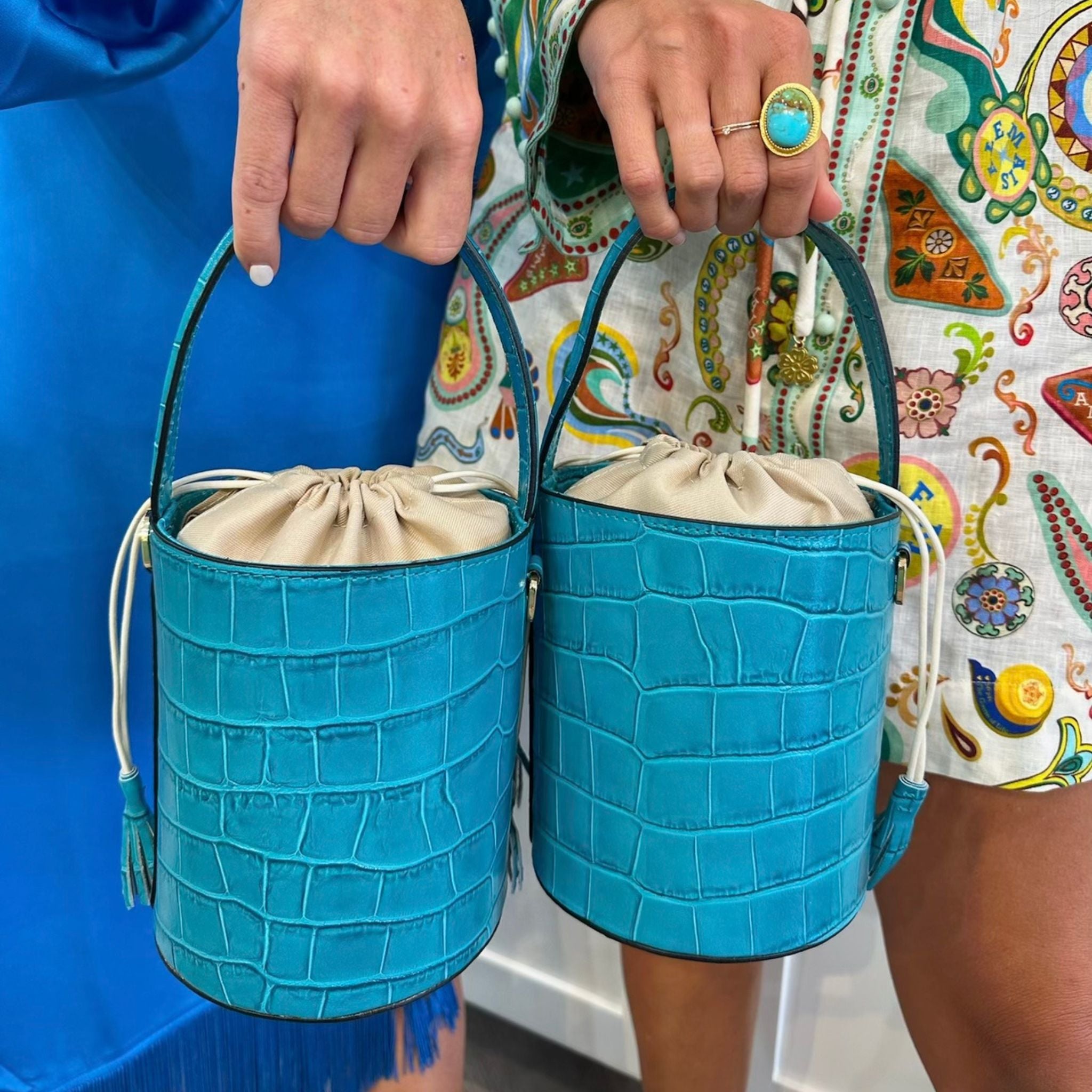 Colores Collective x Christina Greene Turquoise Crocodile Embossed Leather Bucket Handbag for Women | Fashionable Shoulder Bag for Casual Outings, Beach Trips & Date Nights