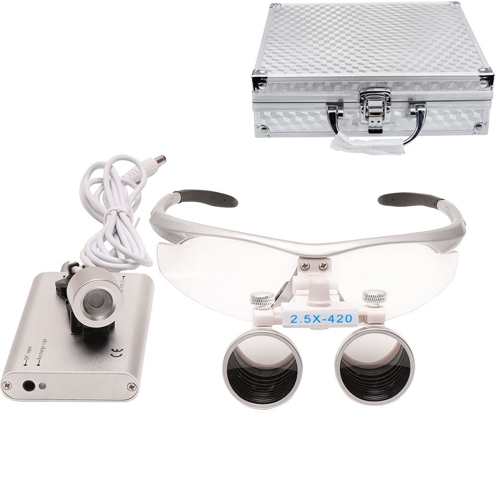2.5X LED Illuminated Binocular Loupes Magnifier with Head Light Lamp - Professional Lab Equipment in Aluminum Case (Gray) - Perfect for Jewelry Making, Watch Repair & Dental Work