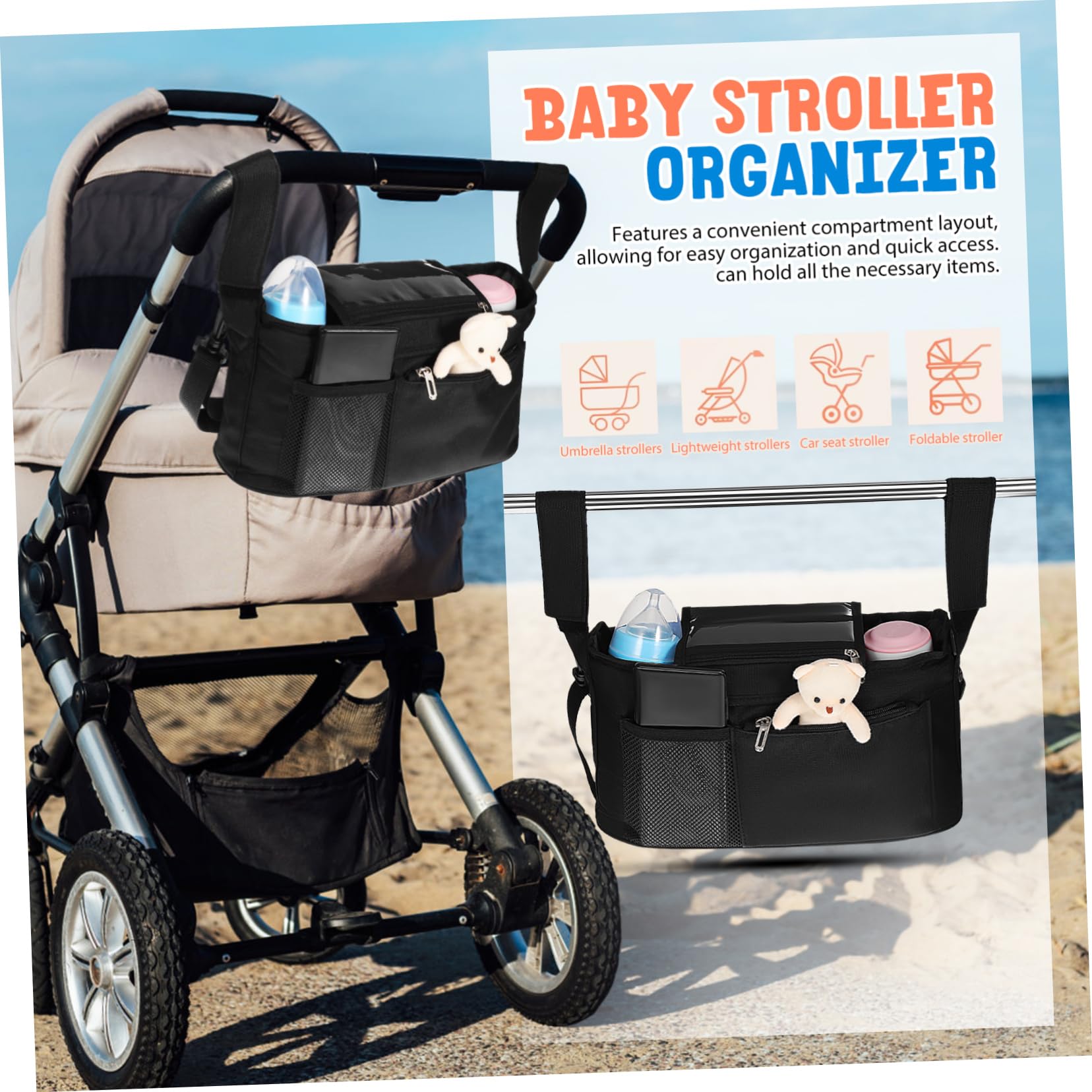 Portable Baby Stroller Organizer with Cup Holder - Travel Storage Attachment & Tote Bag for Diapers, Toys, Snacks - Perfect for Walks, Shopping & Family Outings