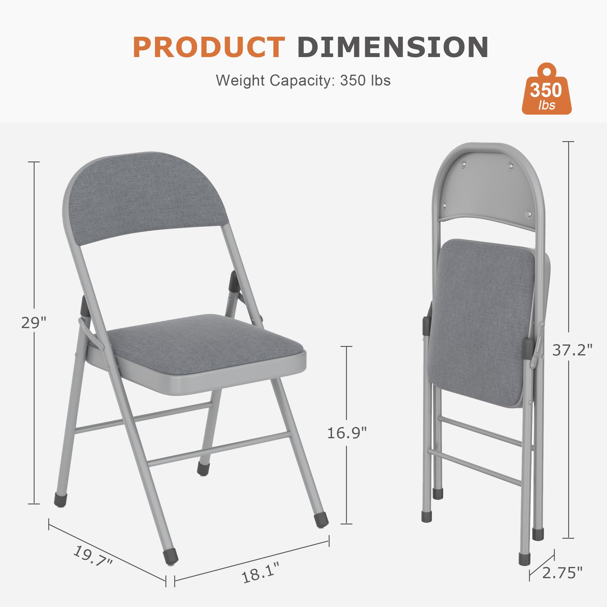 VECELO 4 Pack Padded Folding Chairs with Cushioned Seat & Backrest, Heavy Duty Steel Frame - Comfortable for Office, Home, Indoor & Outdoor Use, Commercial Events - Dark Grey - Perfect for Parties, Weddings, Camping & Picnics