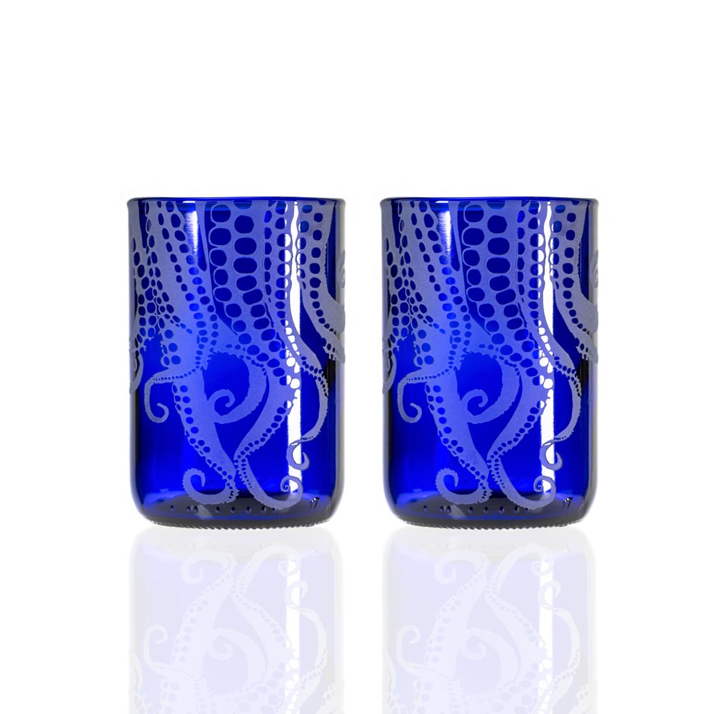 Upcycled Oscar Octopus 12oz Blue Reusable Tumbler Cup - Set of 2 | Eco-Friendly Coffee Mug for Home, Office & Travel | BPA-Free Insulated Drinkware for Hot & Cold Beverages