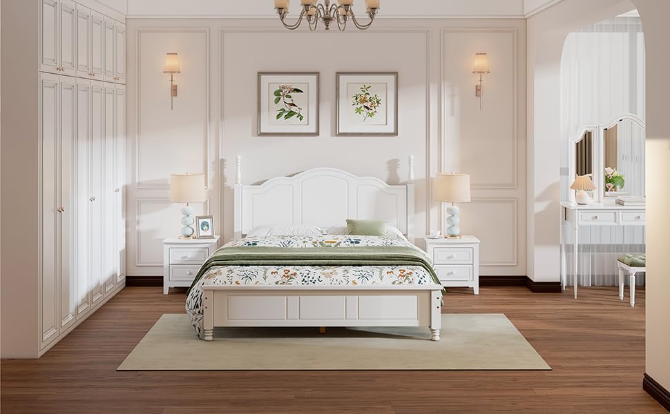 Harper & Bright Designs 3-Piece Queen Bedroom Set - Wooden Platform Bed with 2 Nightstands, Retro Style Bedroom Furniture - Easy Assembly (White) - Perfect for Master Bedrooms, Guest Rooms & Small Spaces