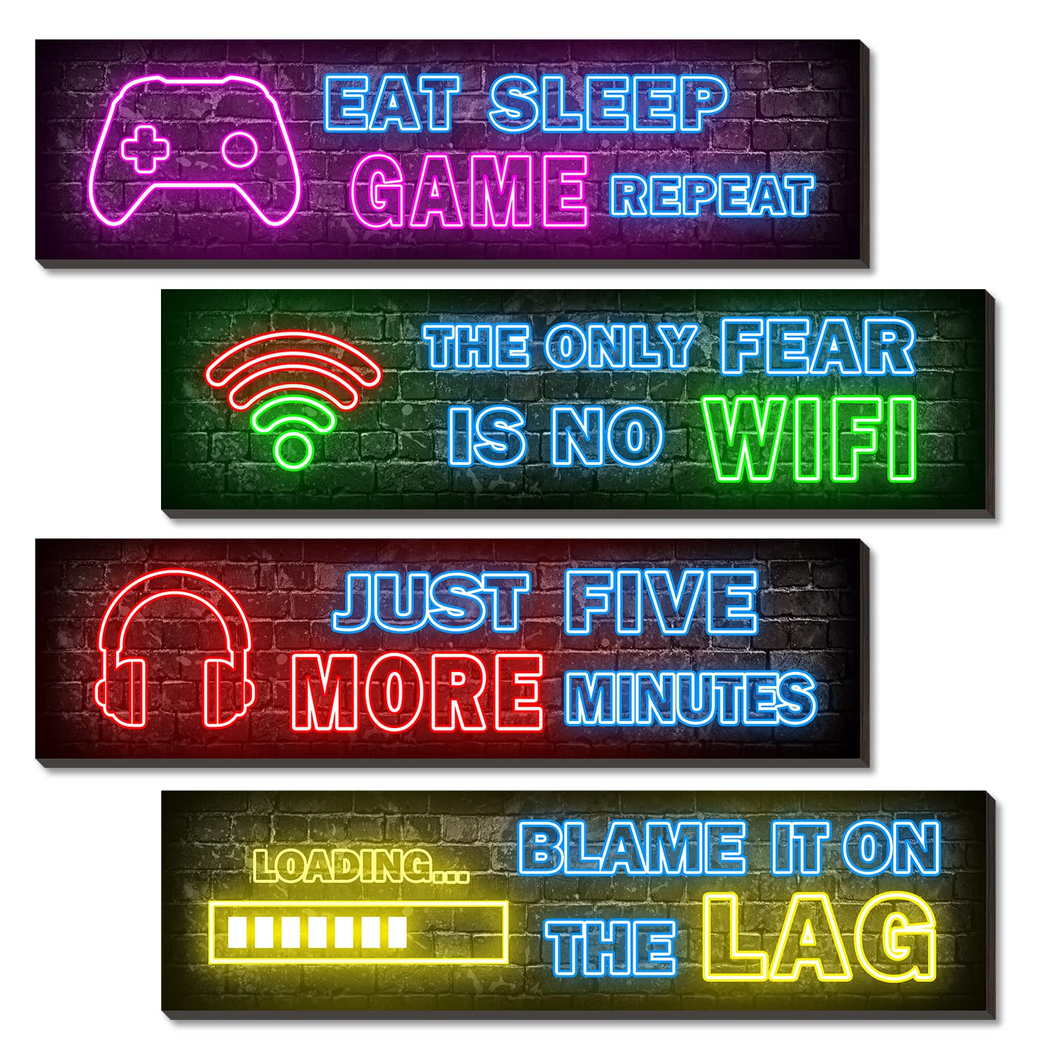 4 Pcs Neon Gaming Posters - Cool Gamer Wall Art Decor for Teen Boys Bedroom, Wooden Frame, Perfect for Gaming Room & Man Cave Decorations