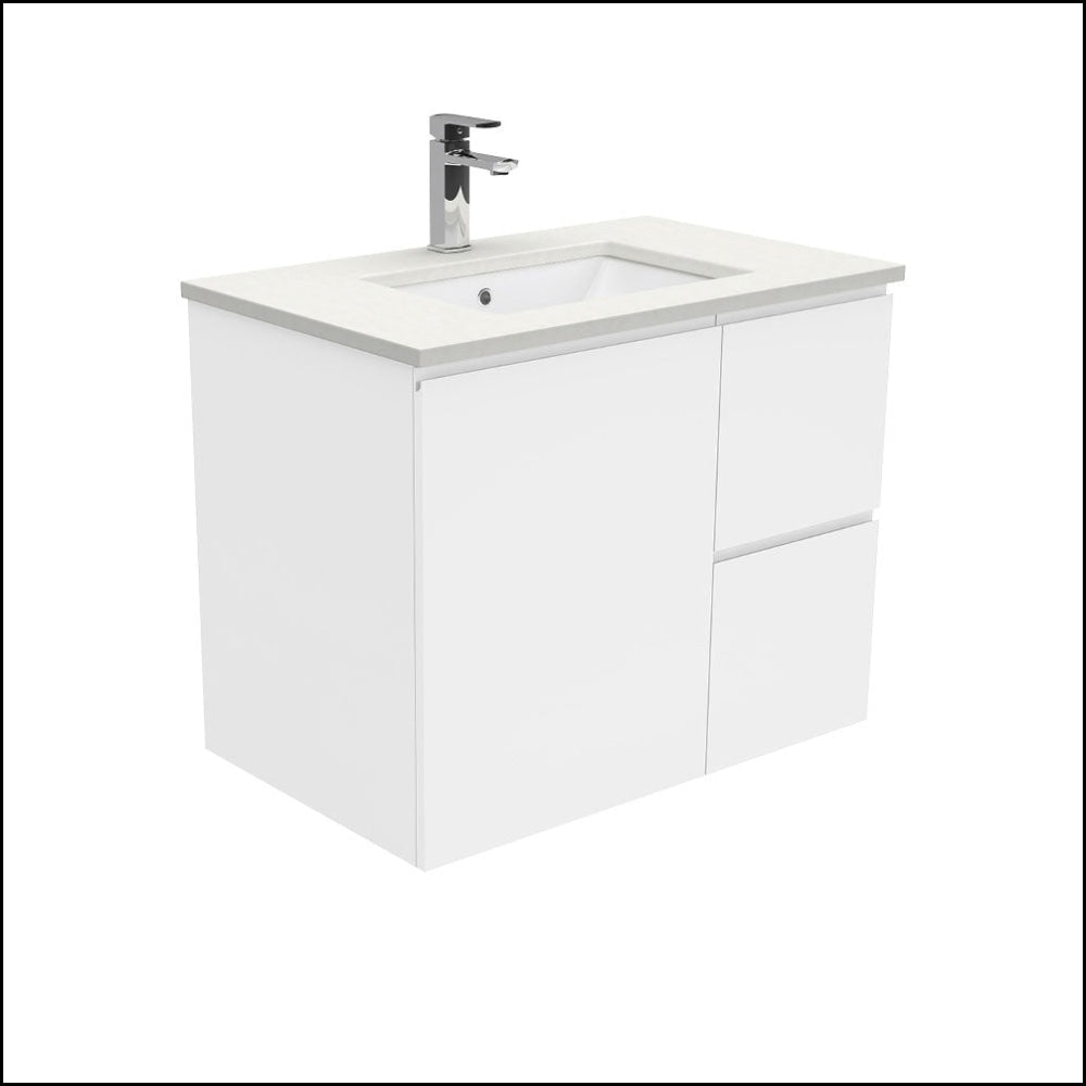 Fienza Crystal Pure SC75FR 750mm Undermount Stone Top Bathroom Vanity with Fingerpull, Wall Hung Design, Right Side Drawers in White - Perfect for Modern Bathrooms & Powder Rooms
