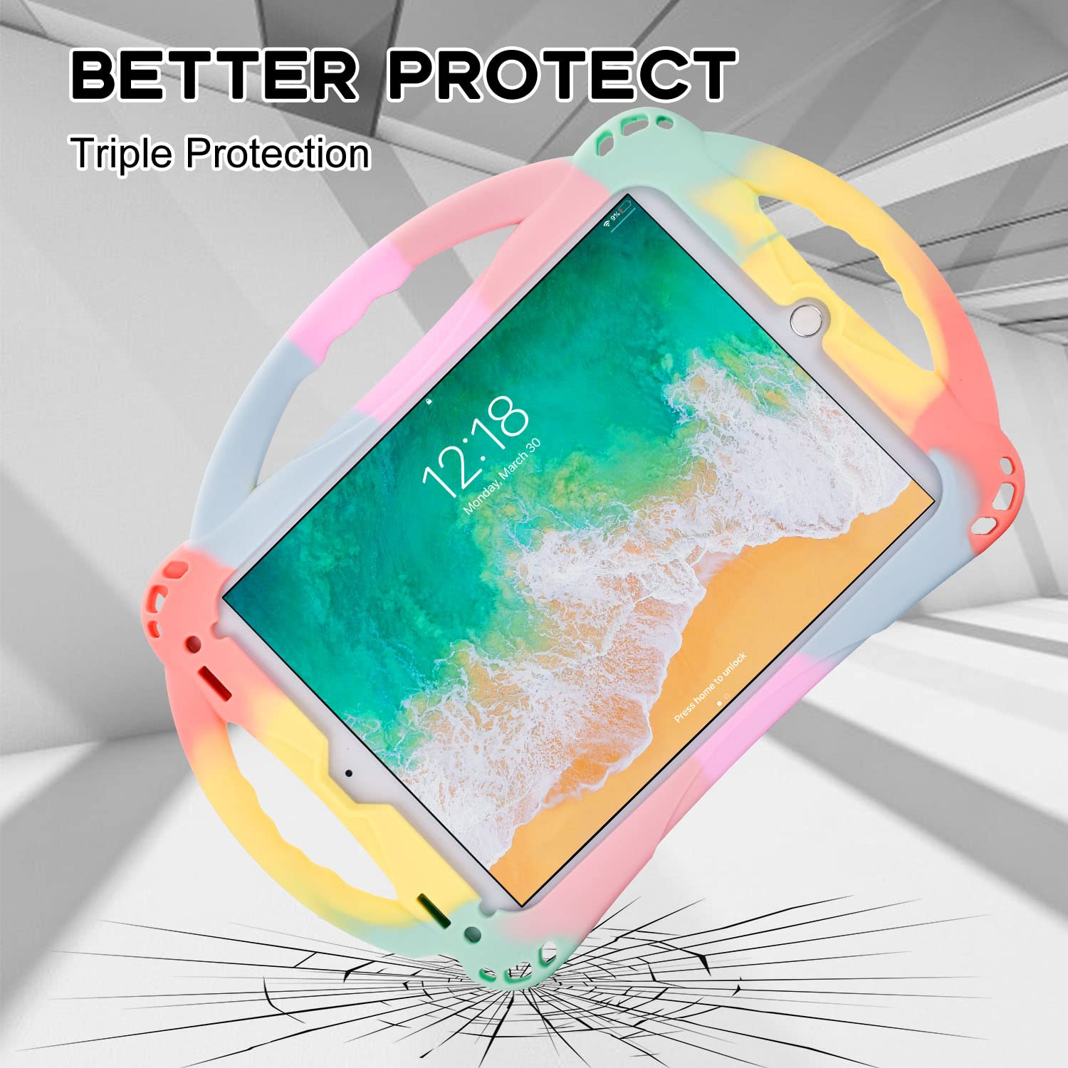 Shockproof Silicone iPad Case for 6th/5th Gen & iPad Air/Air 2 (9.7 inch) - Kids Protective Cover with Built-in Handle Stand & Strap | Perfect for School, Travel & Home Use (Rainbow Color)