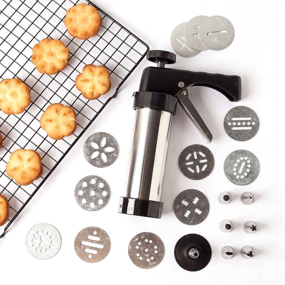 Stainless Steel Cookie Press Machine - 13 Cookie Mould Discs & 8 Piping Nozzles for DIY Biscuit Making, Cake Decorating | Perfect for Holiday Baking, Party Treats & Home Dessert Crafting