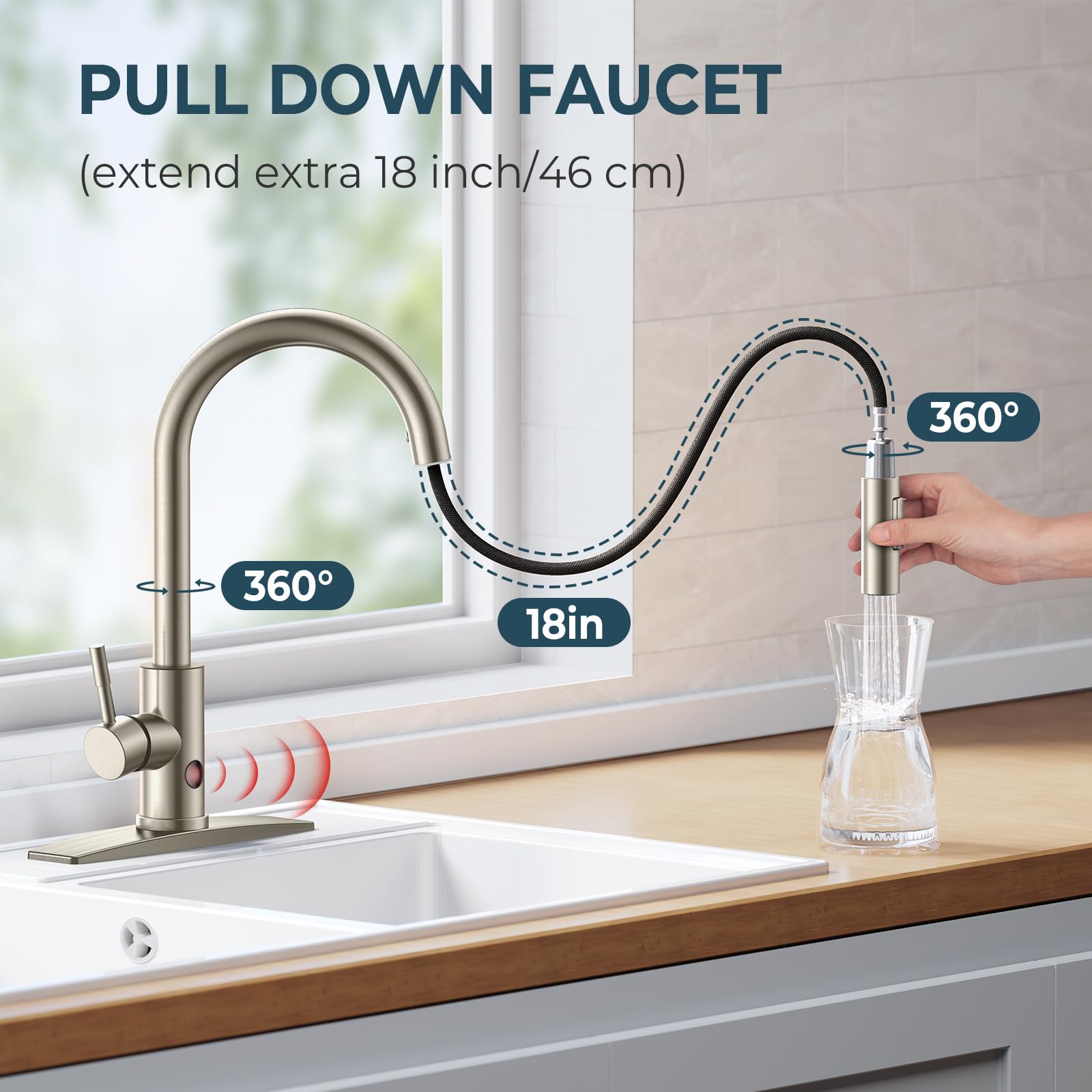 FORIOUS Touchless Kitchen Faucet with Pull Down Sprayer - Smart Motion Sensor Single Handle Sink Faucet in Brushed Nickel, 1 or 3 Hole Installation for Farmhouse, RV, Laundry Room - Ideal for Hands-Free Dishwashing, Cooking, and Pet Care