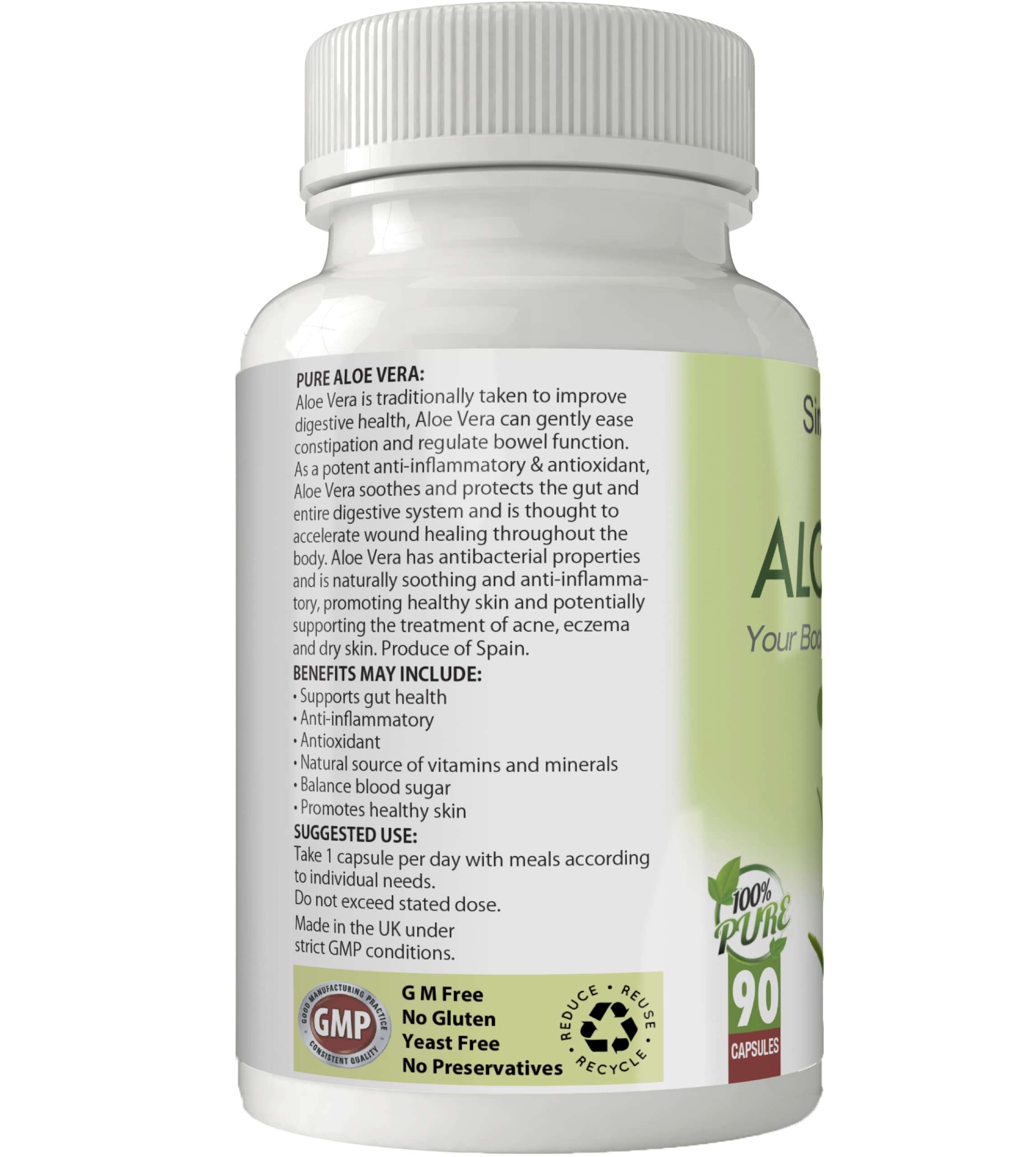 Simply Pure Aloe Vera Capsules for Digestive Health - 25mg x 90 Count | 200:1 Extract (Equivalent to 5g Pure Aloe Vera Gel) | Gluten Free, Non-GMO, Vegan Supplement | Supports Gut Health & Digestion - Perfect for Daily Wellness Routine