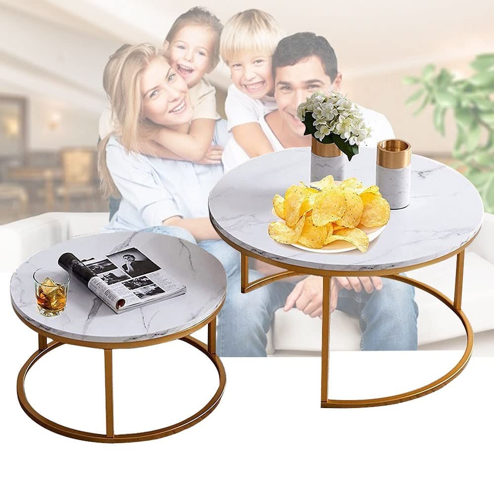 Modern Nesting Coffee Table Set of 2 - Round Faux Marble Top & Metal Frame End Tables - Space Saving Sofa Side Tables for Living Room, Office, Dining Room & Corner Decor - Perfect for Small Spaces & Home Staging