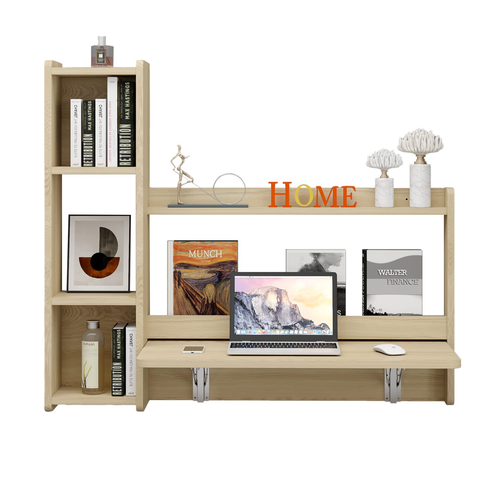 Wall Mounted Floating Desk with Storage Shelves - Foldable Folding Laptop Computer Table for Small Spaces, Bedrooms & Home Offices - Space Saving Solution (Burlywood-YM-Left) - Perfect for Work from Home, Study Nooks & Compact Living Areas