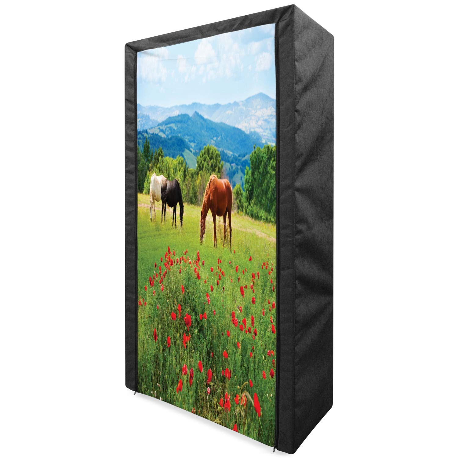 Ambesonne Portable Fabric Wardrobe with Horses Eating Grass Landscape Print - 33.5