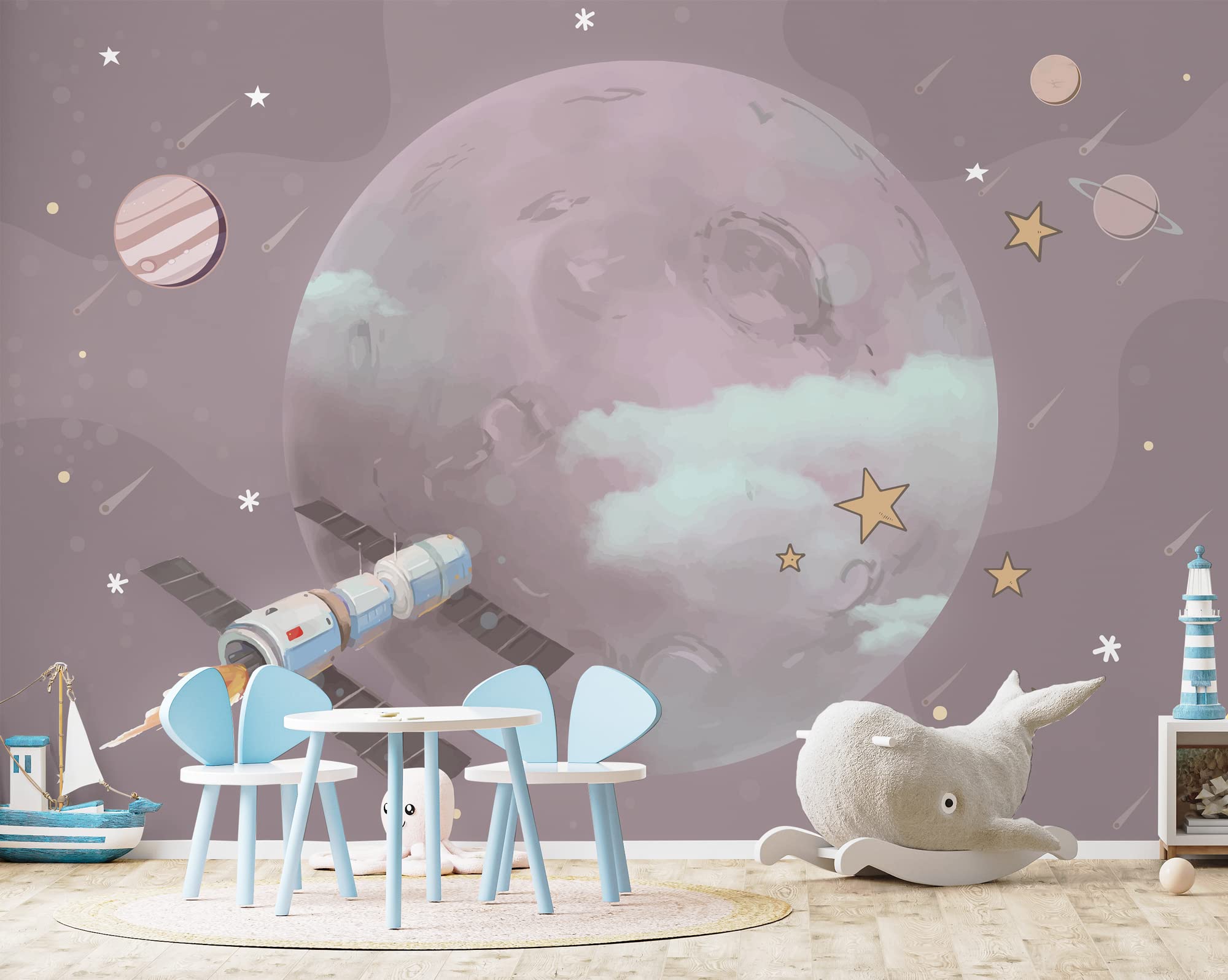Murwall Kids Wallpaper - Cartoon Planet Space Wall Mural for Children's Room, Nursery Decor & Kindergarten Playroom | Fun Educational Space-Themed Wall Art for Bedrooms, Play Areas & Learning Spaces