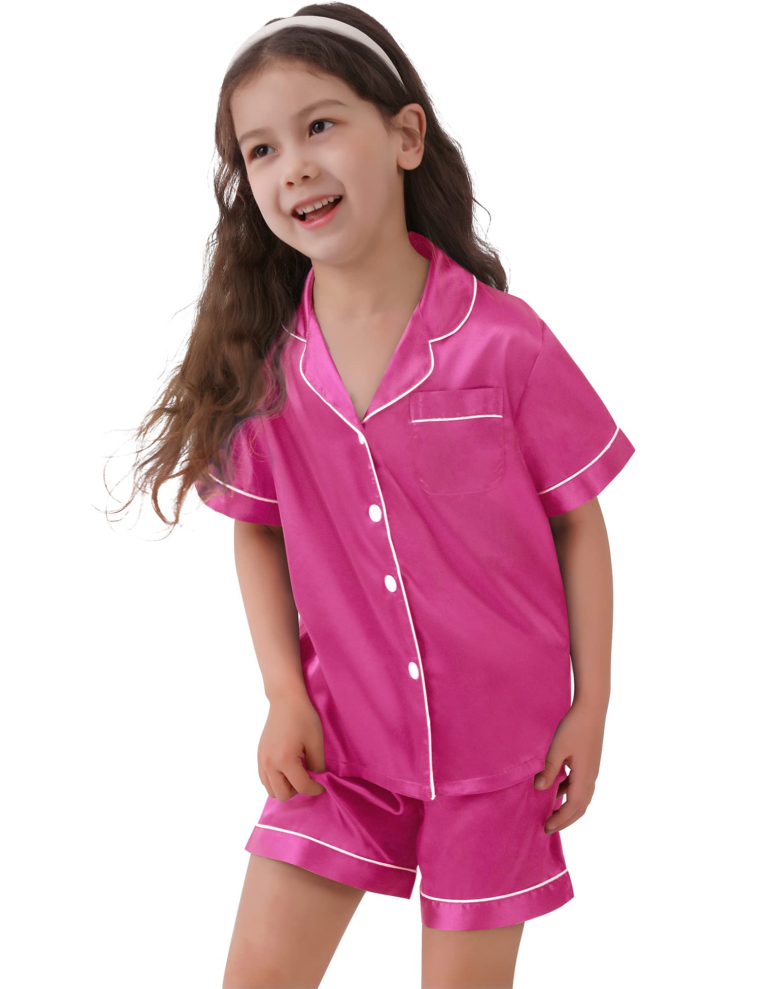 SWOMOG Kids Satin Pajama Set for Girls & Boys - Soft Button-Down Silk Pjs with Short Sleeves, 2-Piece Nightwear & Lounge Outfit - Perfect for Sleepovers, Bedtime & Relaxing at Home