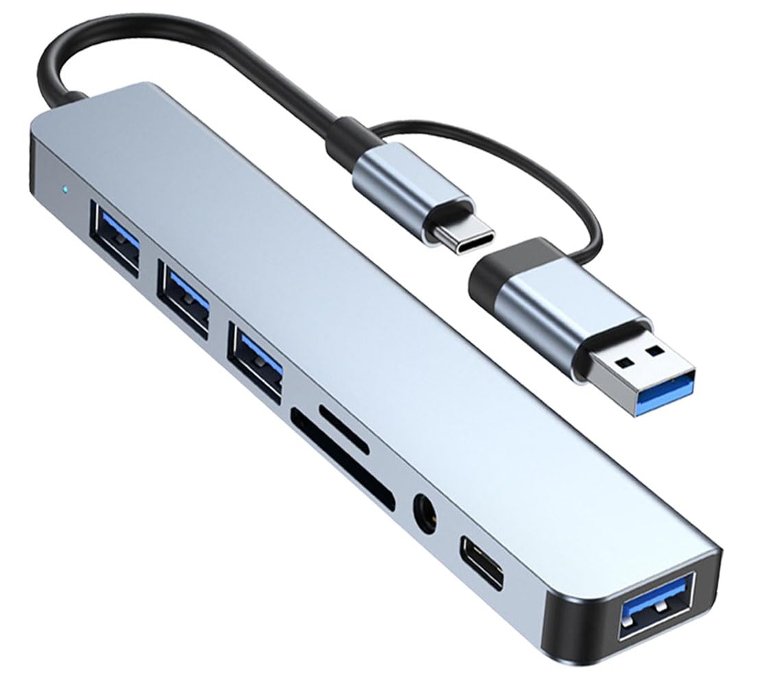 MVBOONE 8-Port USB 3.0 Hub with USB-C | Aluminum Multi-Port Adapter | SD/TF Card Reader | 3.5mm Audio Jack | for MacBook Pro/Air, iPad Pro, iPhone 15, Laptop, PS4, Gaming Mouse | Perfect for Home Office, Gaming Setup & Digital Workspaces