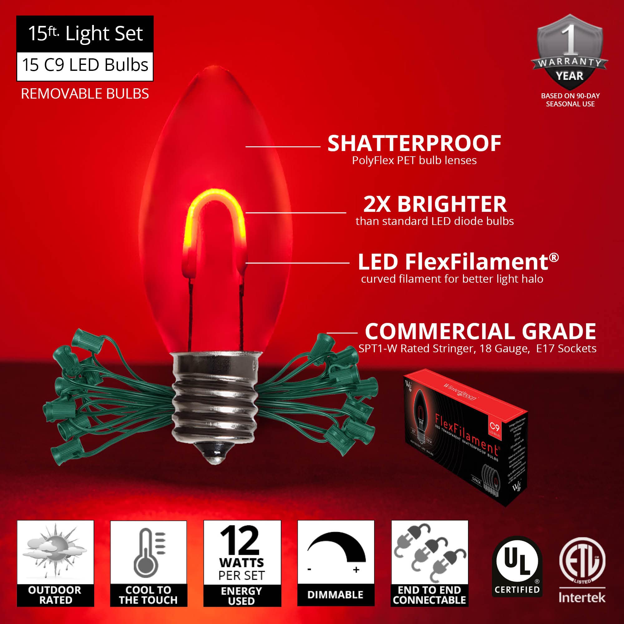 Wintergreen Lighting 15' FlexFilament LED Red C9 Christmas Lights - Shatterproof Edison Bulb String Lights for Outdoor, Balcony, Patio, Garden, and Holiday Decorations