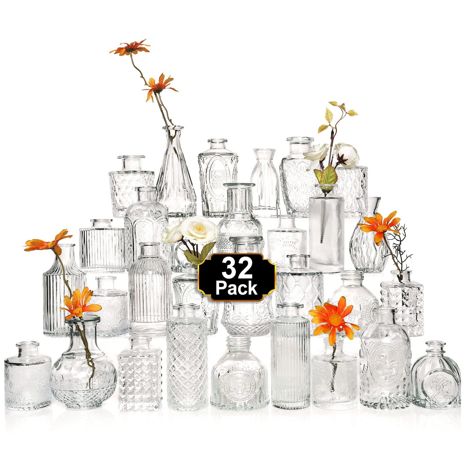 32 Pcs Clear Glass Bud Vases Set - Small Flower Vases for Rustic Wedding Decor, Vintage Centerpieces & Home Table Décor | Perfect for Wedding, Party, and Everyday Floral Arrangements