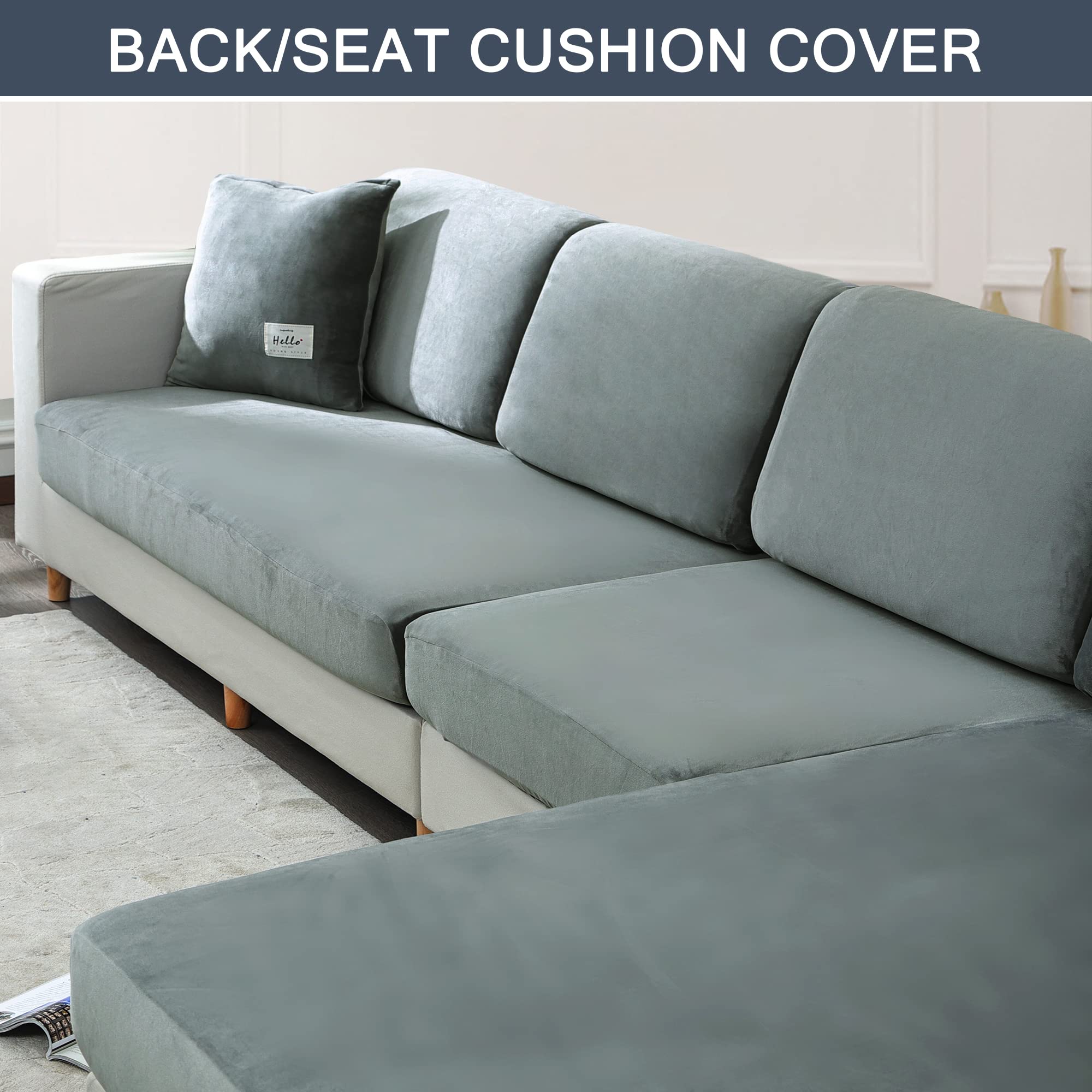 CONRUSER Soft Velvet Stretch Couch Cushion Covers - Elastic Bottom Furniture Protector Slipcovers (Small, Light Grey) | Perfect for Living Room Sofas, Sectionals & Home Decor