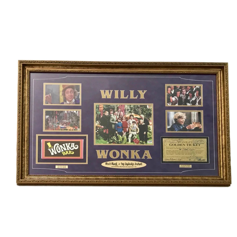 Gene Wilder Willy Wonka Kids Signed Golden Ticket 8x10 Framed Collage with PSA COA - Perfect for Movie Memorabilia Collectors and Charlie and the Chocolate Factory Fans
