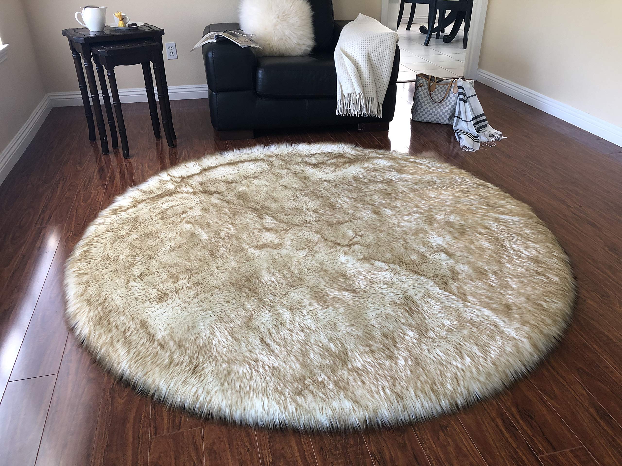 Luxury Faux Sheepskin Rug - Super Soft Hypoallergenic Plush Fur Carpet for Bedroom, Living Room, Nursery | Round Shaggy Silky Floor Mat (8ft/240cm, White with Brown Tips) - Perfect for Cozy Home Decor, Kids Play Area & Sofa Accent