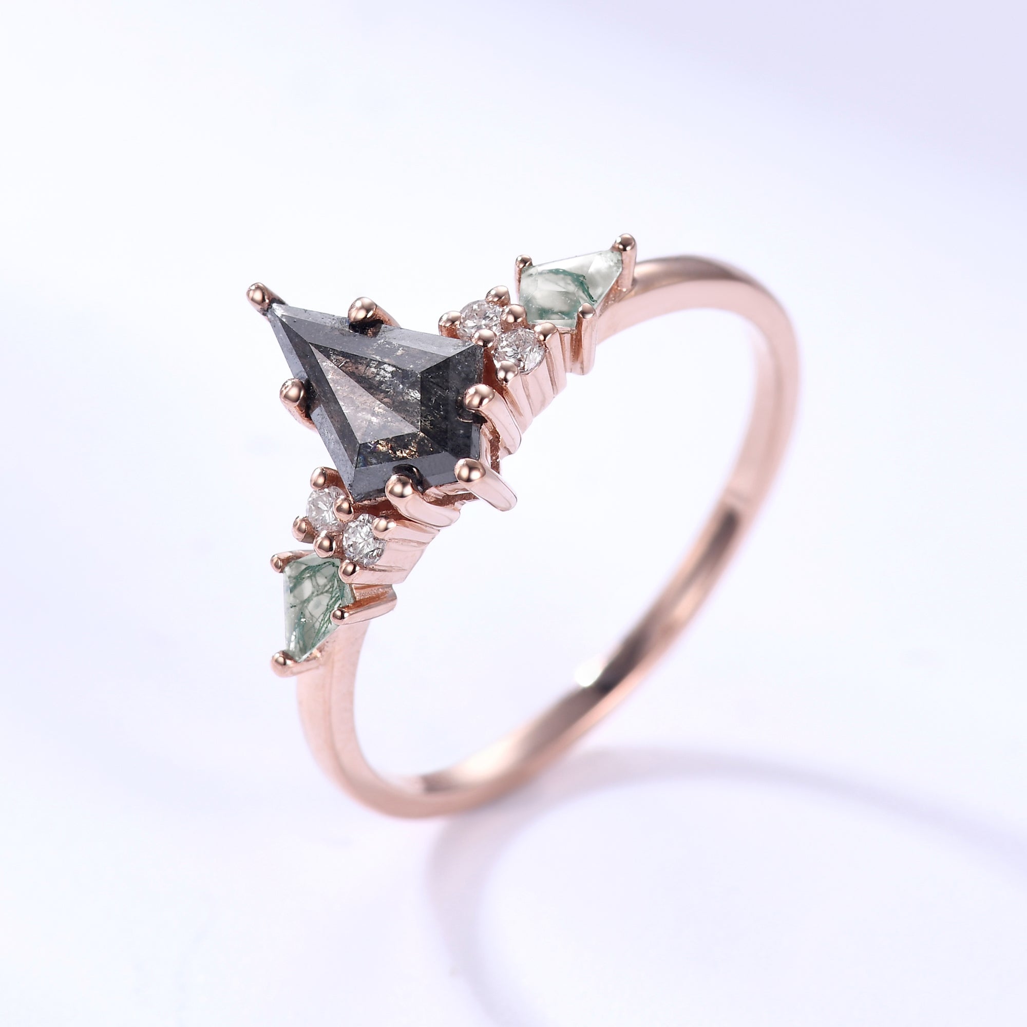 Vintage Kite-Shaped Salt and Pepper Diamond Engagement Ring with Moss Agate Cluster in Rose Gold | Unique Handcrafted Wedding Band for Brides, Promise Rings & Anniversary Gifts