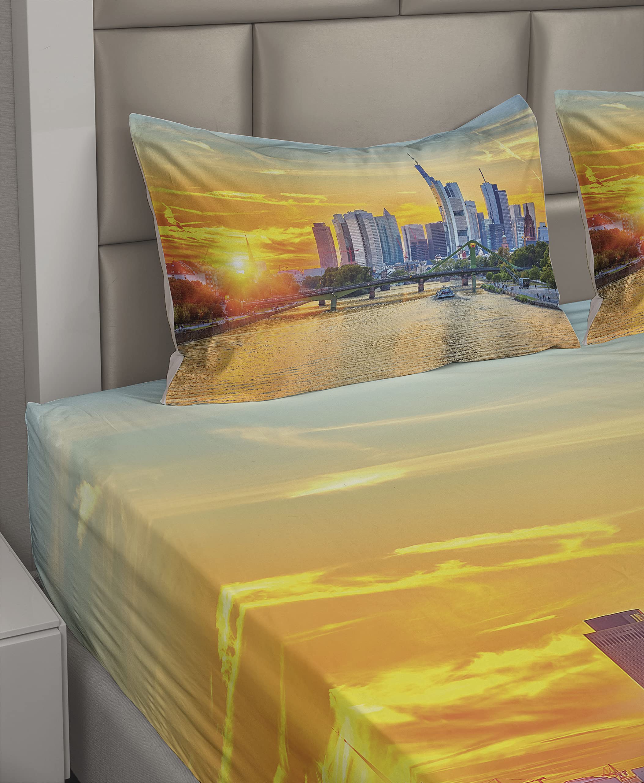 Ambesonne Scenery Sheet Set - Frankfurt Sunset Architecture Landmark Skyscraper Vibrant Colors Waterfront - 4 Piece King Size Bedding Set with Fitted Sheet, Flat Sheet & Pillowcases - Marigold & Blue - Perfect for Modern Bedrooms, Guest Rooms & Vacation Homes