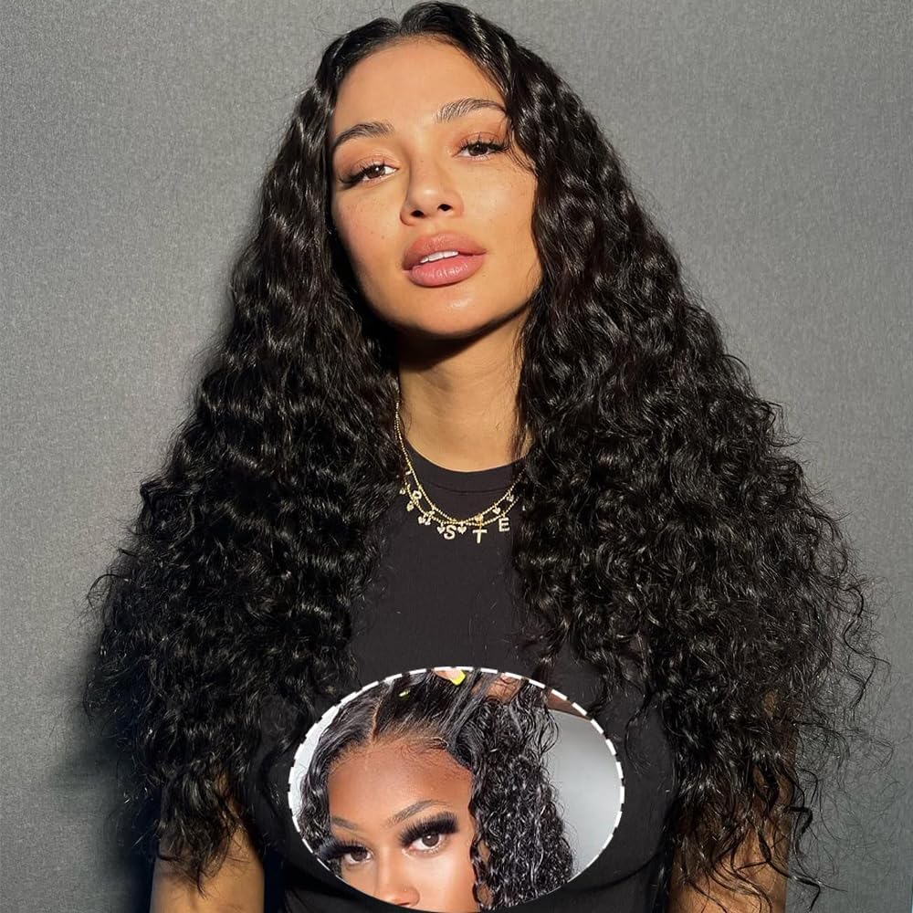 4x4 Deep Wave Lace Front Wig Human Hair - Glueless Wear & Go Wig with Transparent Lace Closure for Black Women - Pre Cut No Glue Natural Color 28 Inch - Perfect for Daily Wear, Parties, and Special Occasions